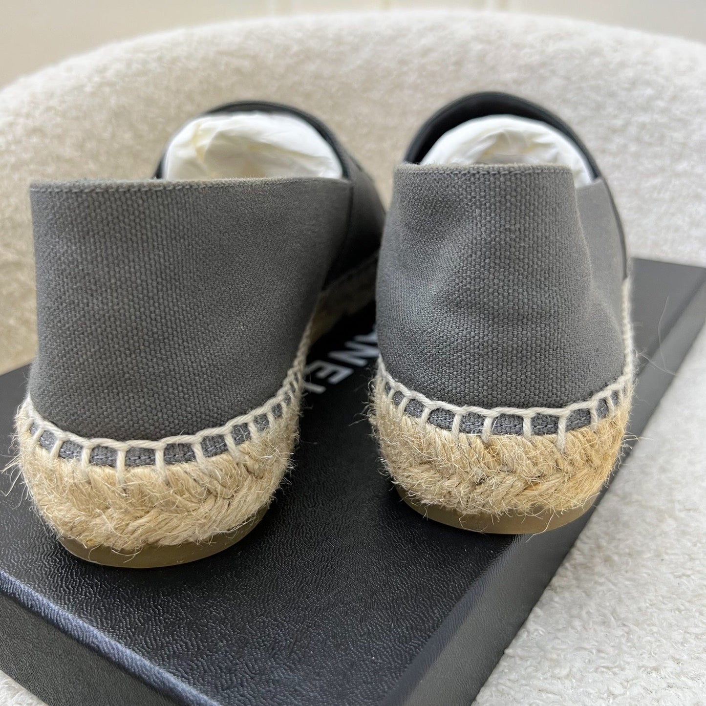 GLM-Espadrilles in Grey Canvas and Black Gosgrain Sz 37