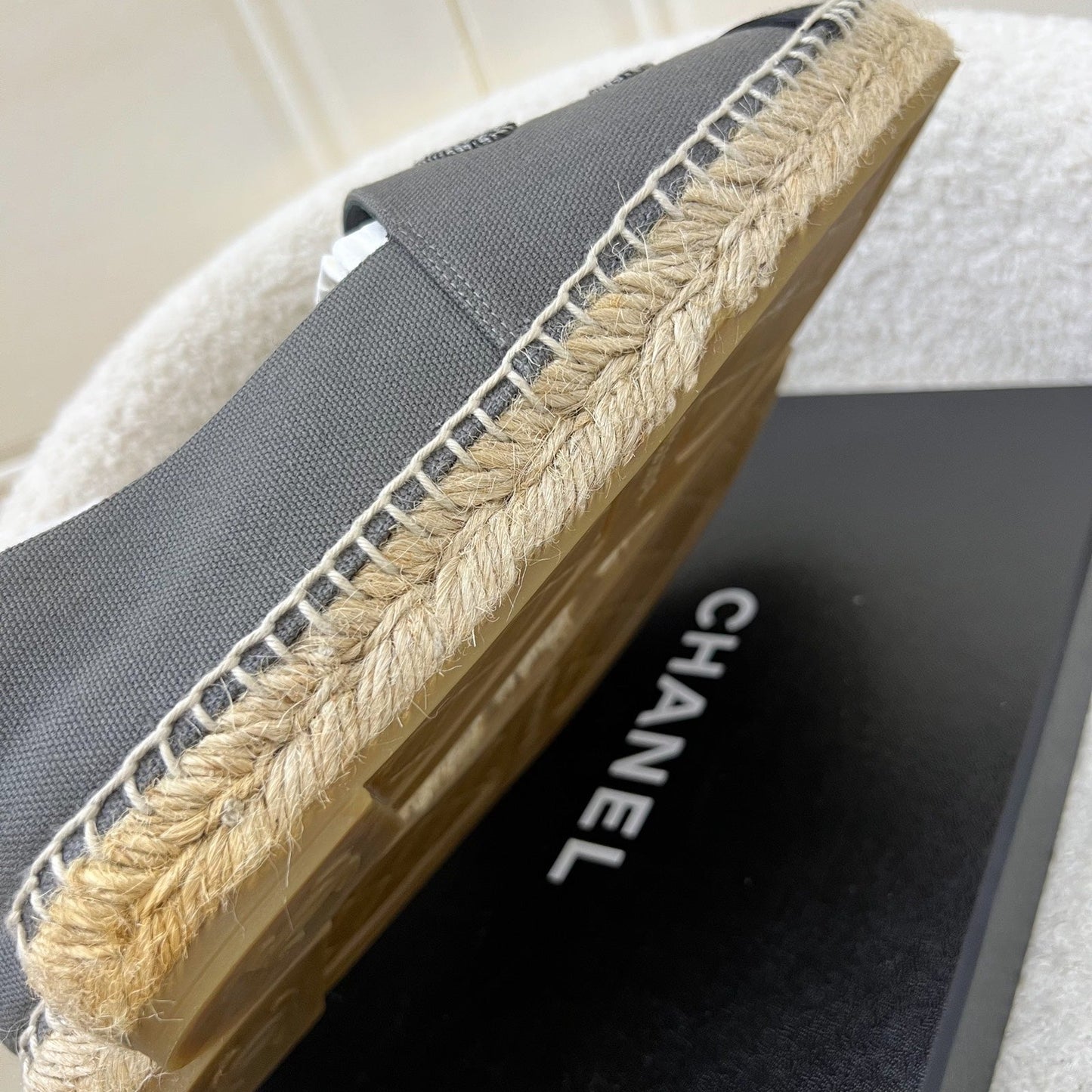 GLM-Espadrilles in Grey Canvas and Black Gosgrain Sz 37