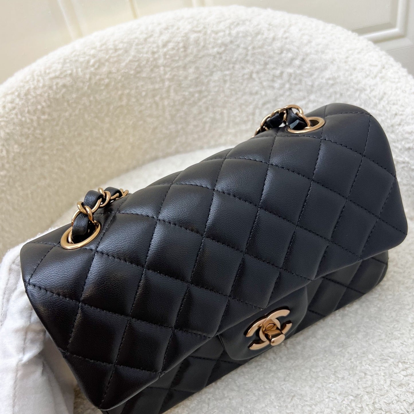 GLM-Mini Rectangle Classic Flap in Black Lambskin and Rose Gold HW