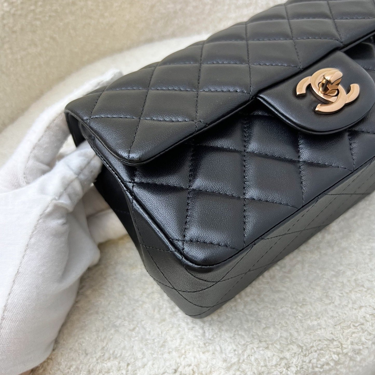 GLM-Mini Rectangle Classic Flap in Black Lambskin and Rose Gold HW