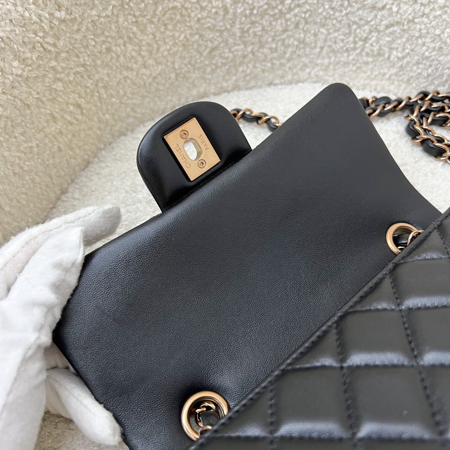 GLM-Mini Rectangle Classic Flap in Black Lambskin and Rose Gold HW