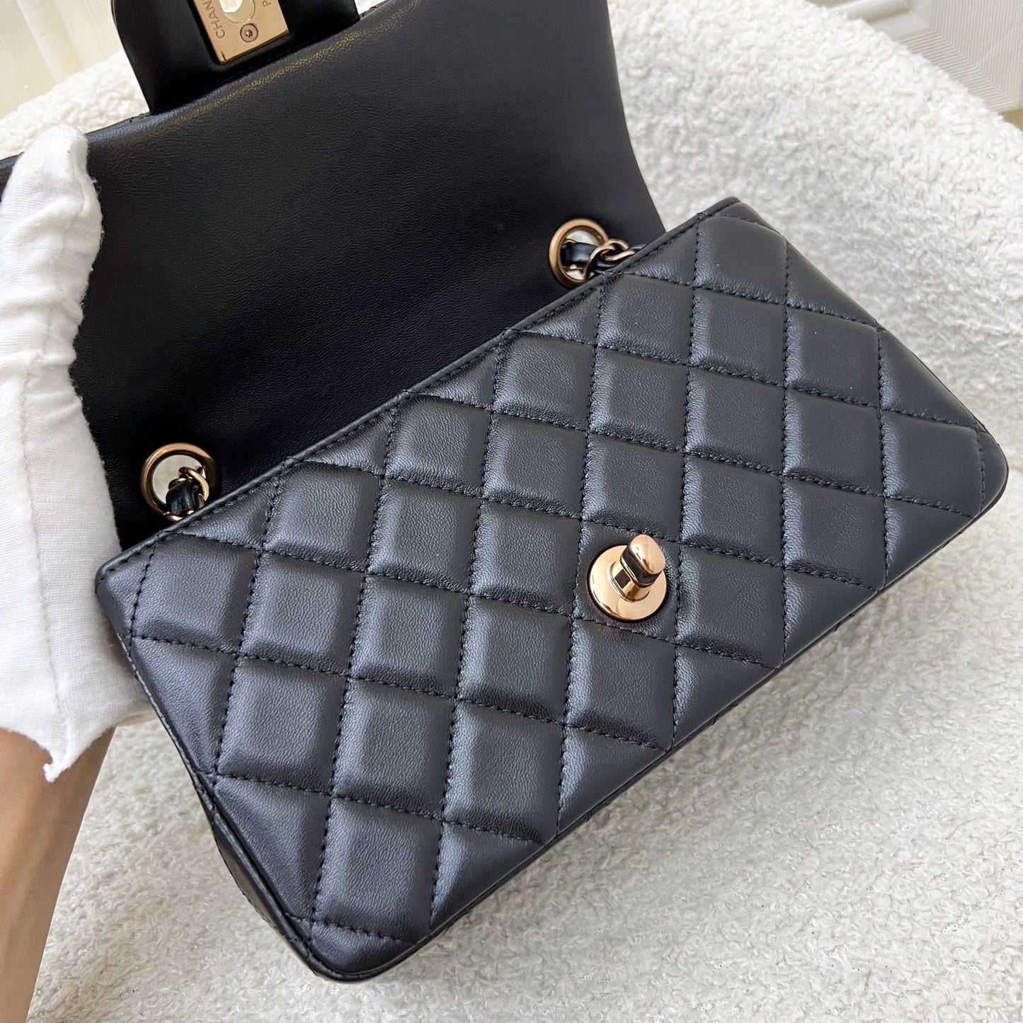 GLM-Mini Rectangle Classic Flap in Black Lambskin and Rose Gold HW
