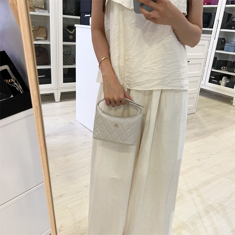 GLM-25C Quilted Hobo Clutch on Chain in Light Grey Caviar and LGHW