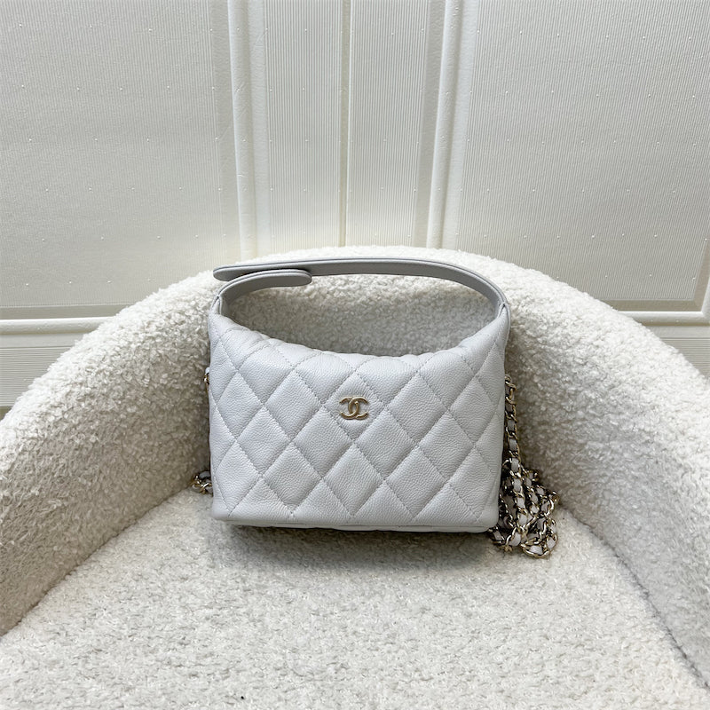 GLM-25C Quilted Hobo Clutch on Chain in Light Grey Caviar and LGHW