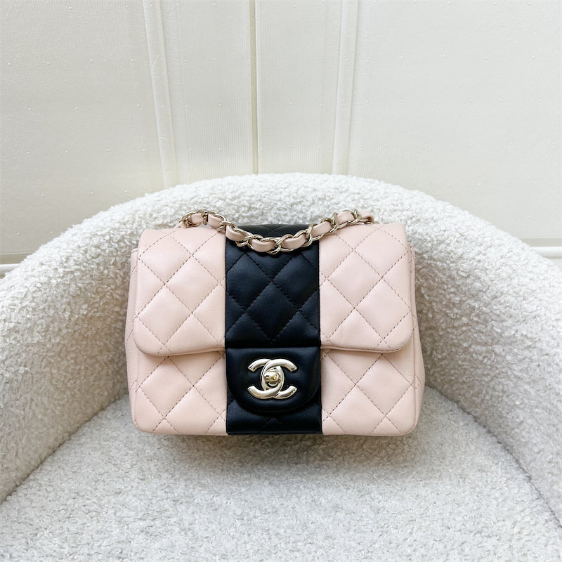 GLM-Classic Square Mini Flap in Bicolor Beige and Black Lambskin and LGHW
