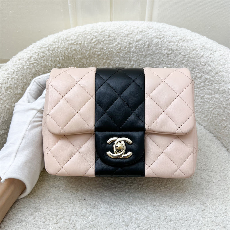 GLM-Classic Square Mini Flap in Bicolor Beige and Black Lambskin and LGHW