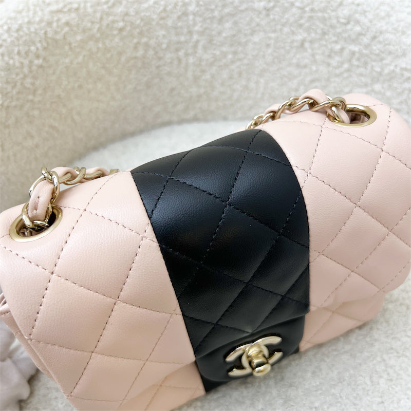 GLM-Classic Square Mini Flap in Bicolor Beige and Black Lambskin and LGHW