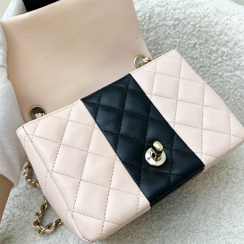 GLM-Classic Square Mini Flap in Bicolor Beige and Black Lambskin and LGHW