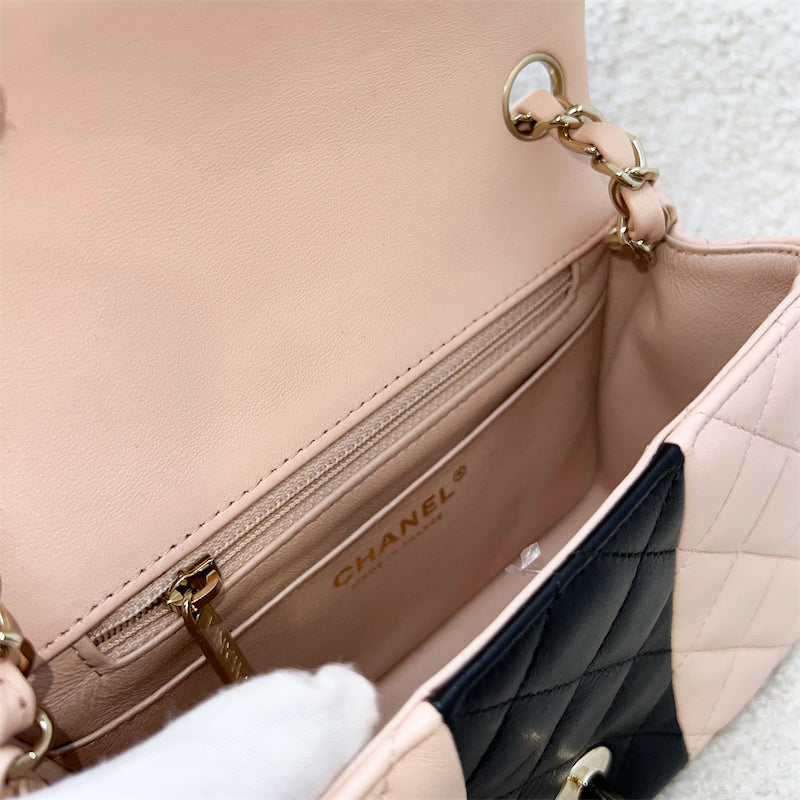 GLM-Classic Square Mini Flap in Bicolor Beige and Black Lambskin and LGHW