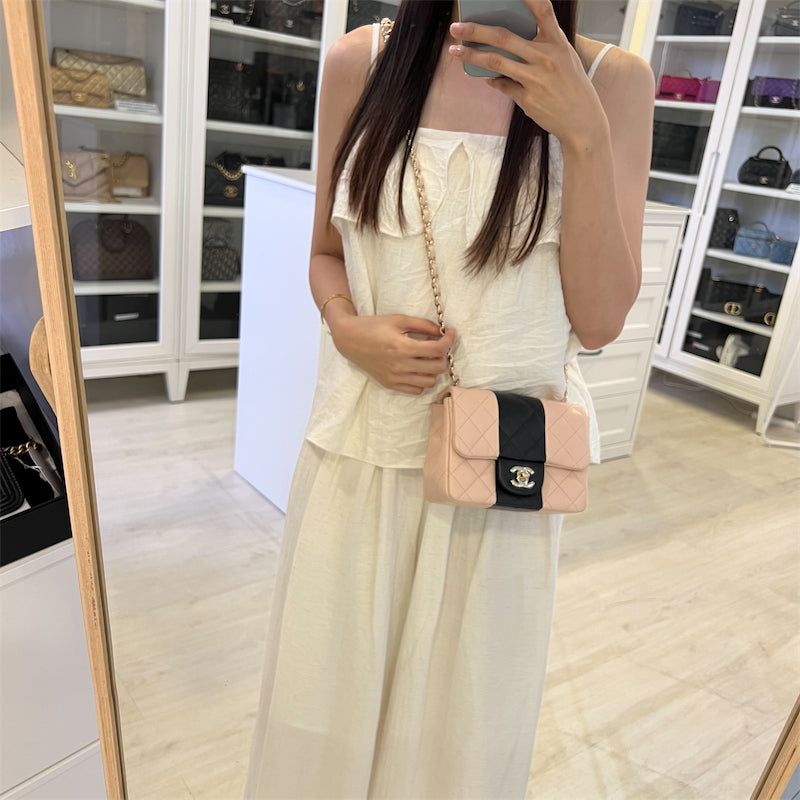 GLM-Classic Square Mini Flap in Bicolor Beige and Black Lambskin and LGHW
