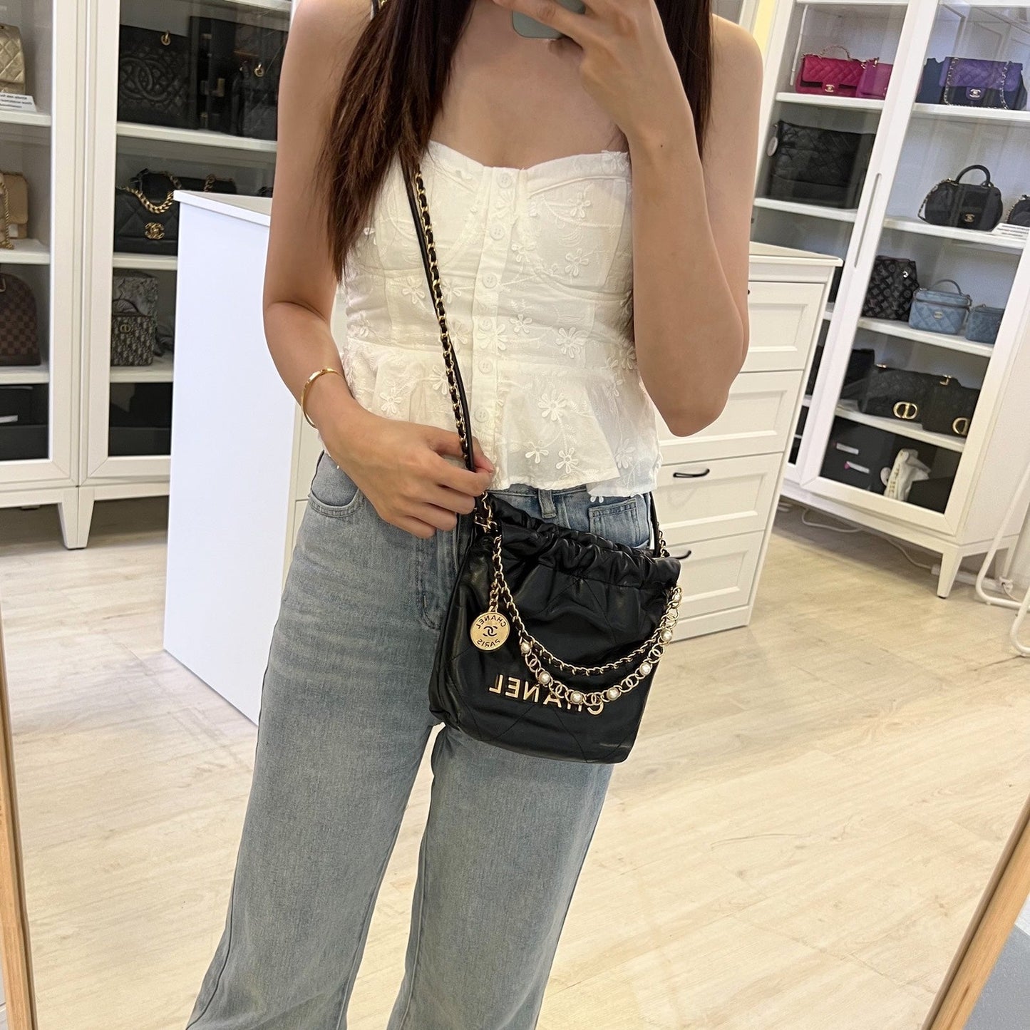 GLM-22 Mini Hobo Handbag with GLM- Pearl Chain in Black Shiny Calfskin and GHW (Detachable chain) (Model: AS3980)