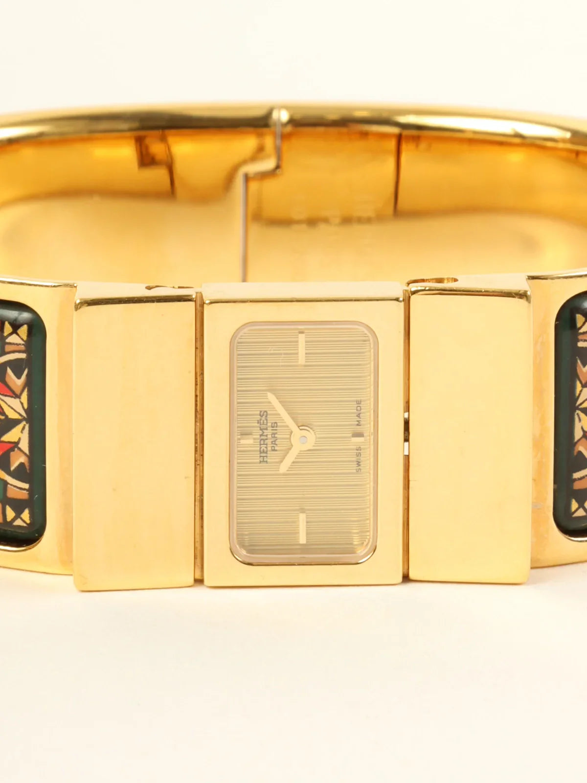 HERMES Loquet Enamel Bangle Watch Gold/Green