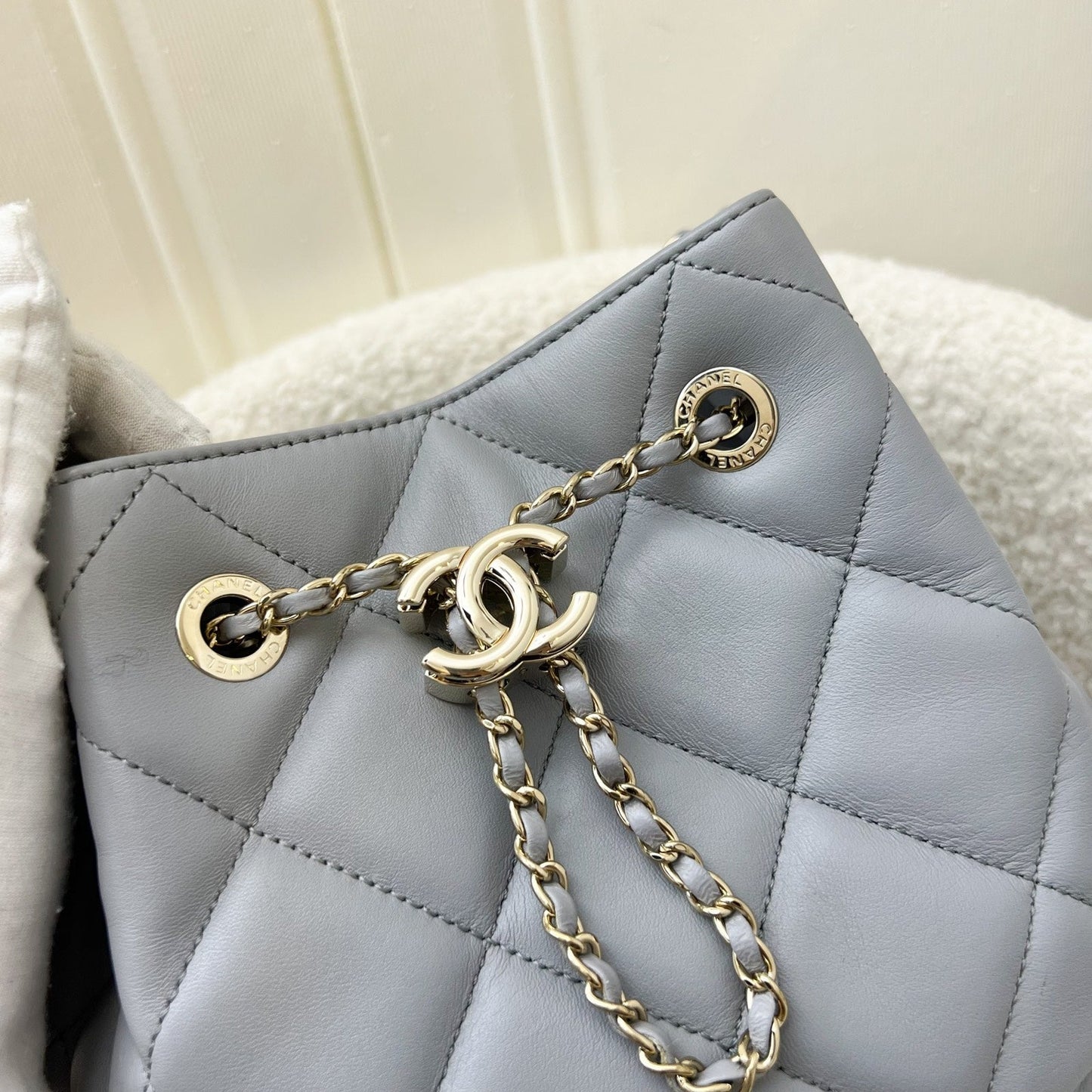 GLM-Drawstring Bucket Bag in Light Grey Lambskin and LHGW (Model: AS1698)