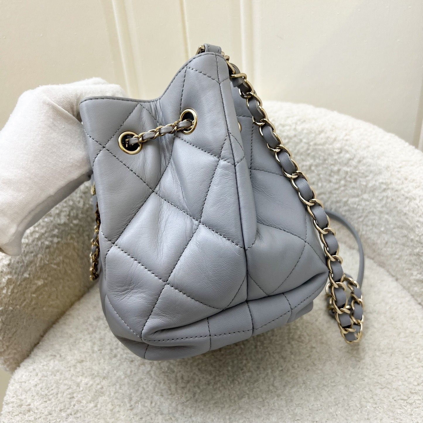 GLM-Drawstring Bucket Bag in Light Grey Lambskin and LHGW (Model: AS1698)