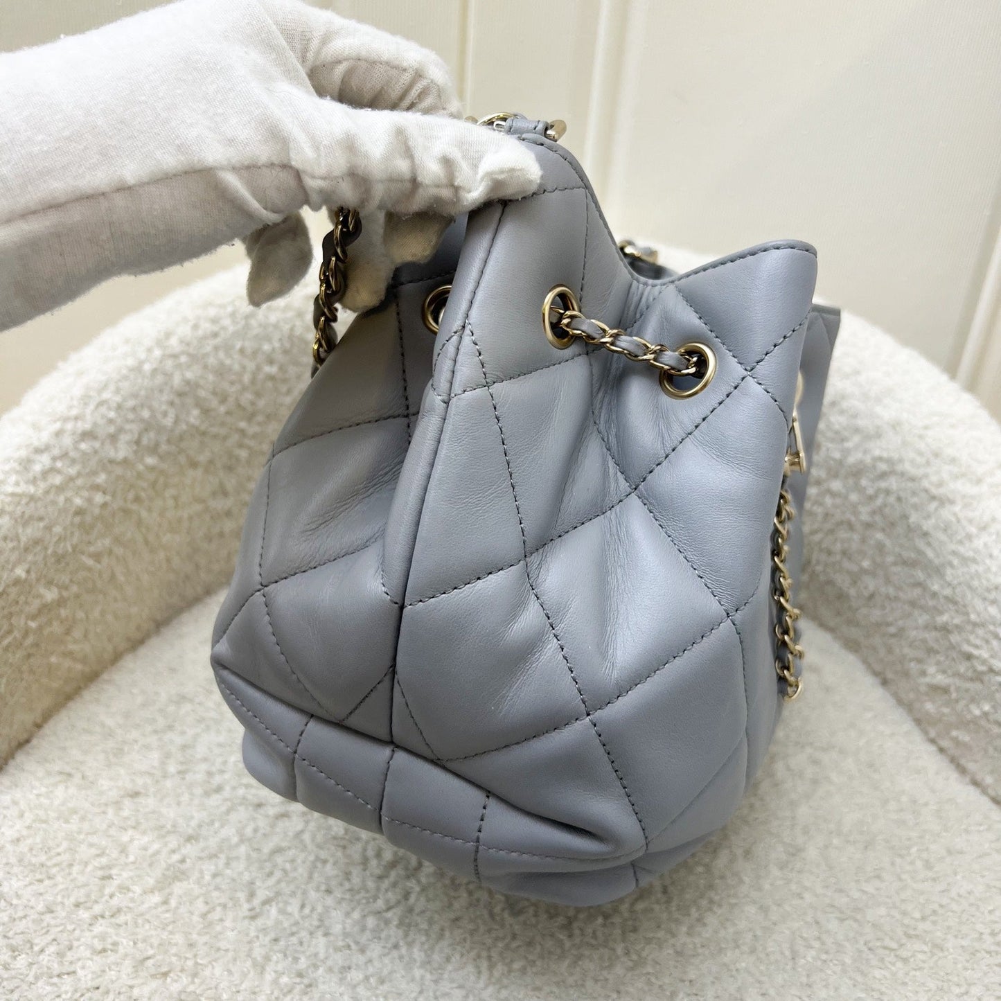 GLM-Drawstring Bucket Bag in Light Grey Lambskin and LHGW (Model: AS1698)