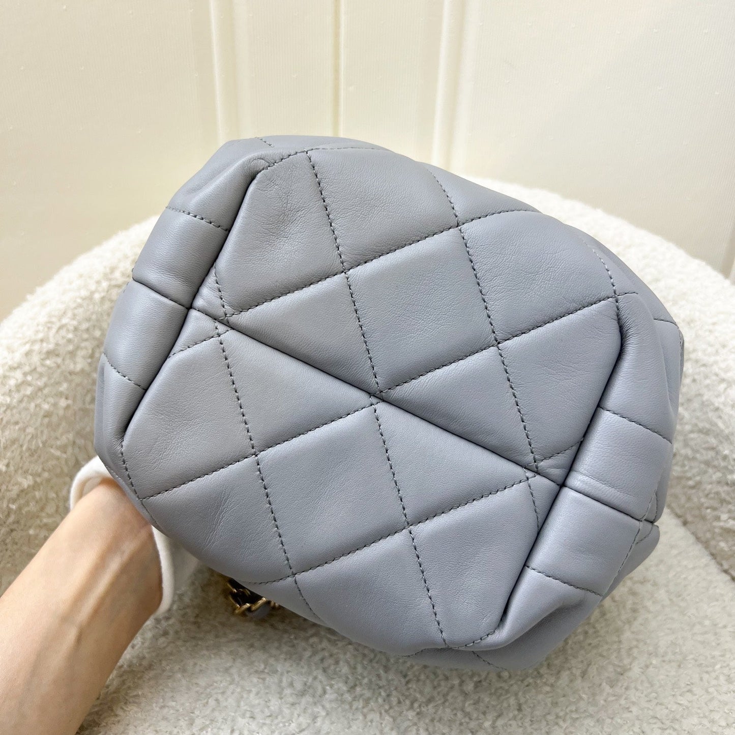 GLM-Drawstring Bucket Bag in Light Grey Lambskin and LHGW (Model: AS1698)
