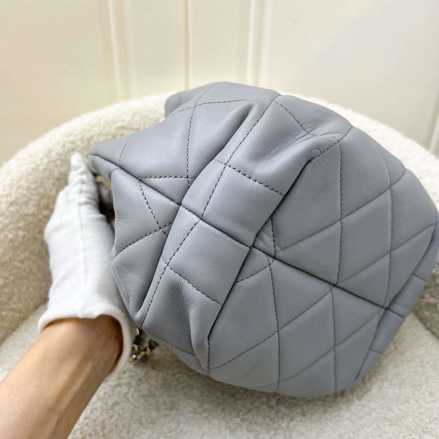 GLM-Drawstring Bucket Bag in Light Grey Lambskin and LHGW (Model: AS1698)
