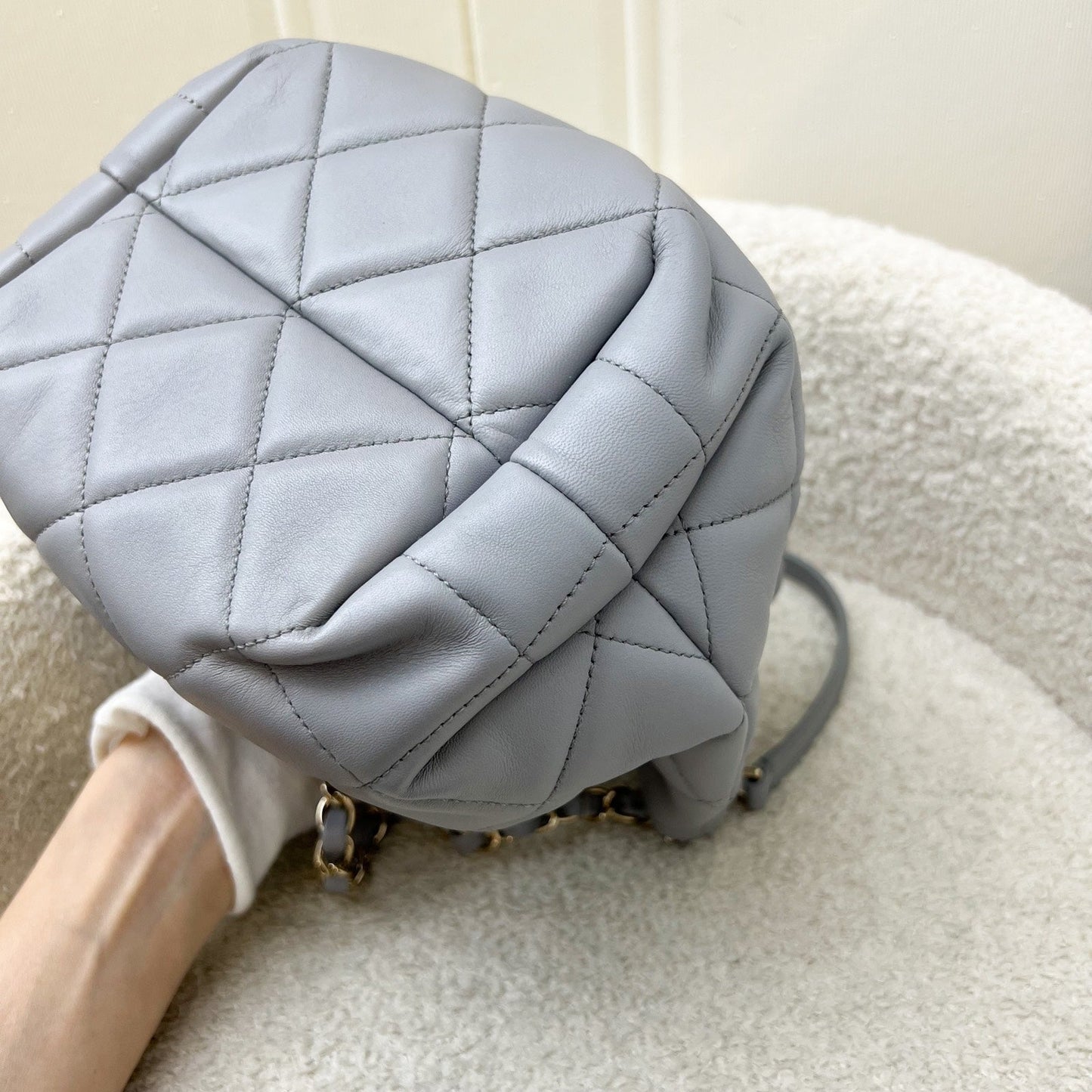 GLM-Drawstring Bucket Bag in Light Grey Lambskin and LHGW (Model: AS1698)