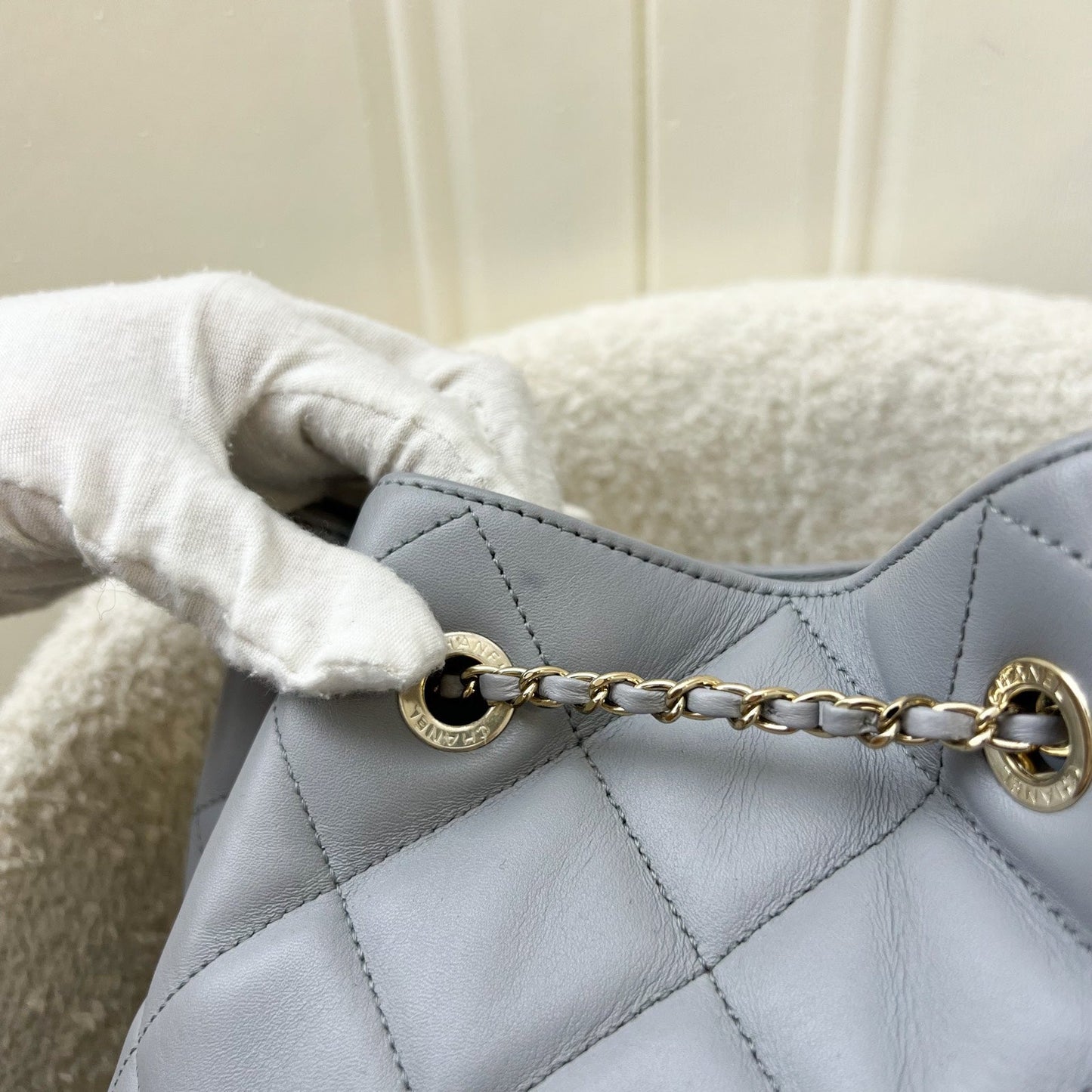 GLM-Drawstring Bucket Bag in Light Grey Lambskin and LHGW (Model: AS1698)
