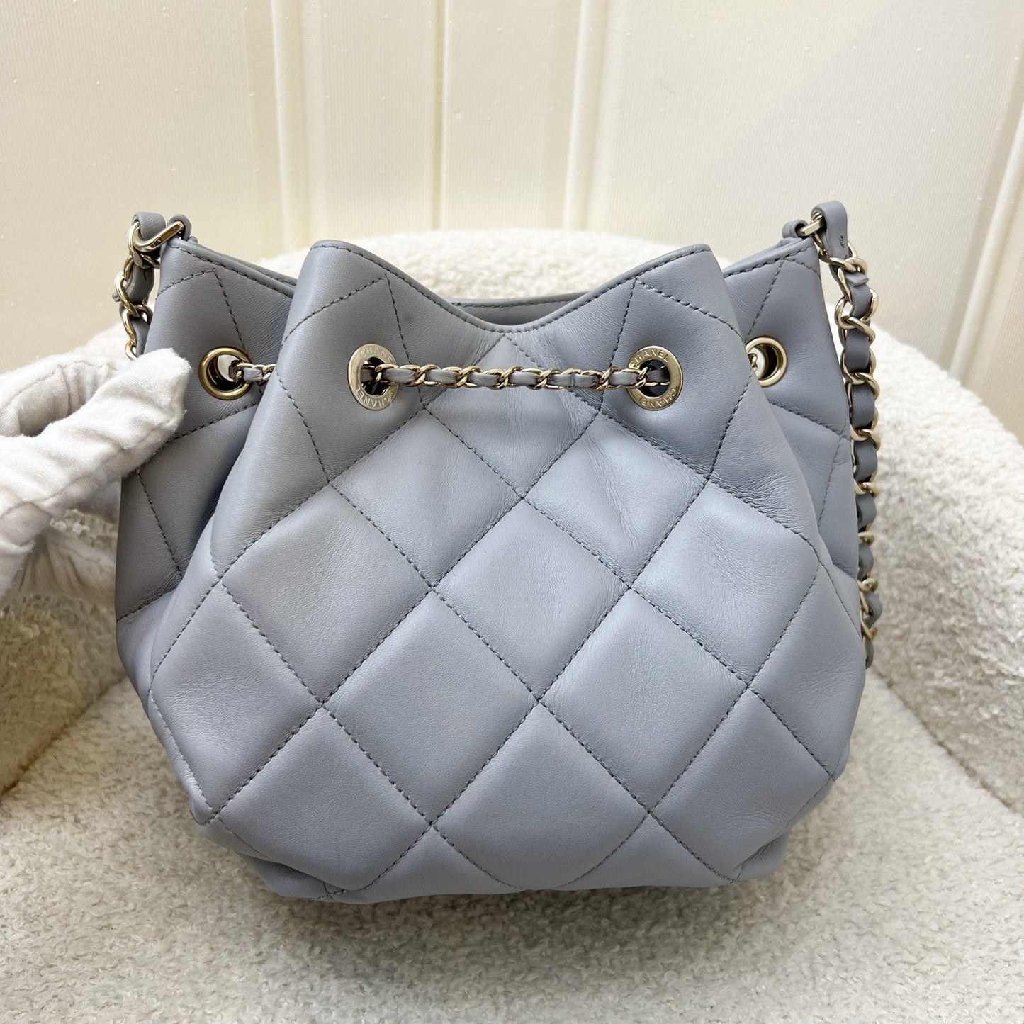 GLM-Drawstring Bucket Bag in Light Grey Lambskin and LHGW (Model: AS1698)