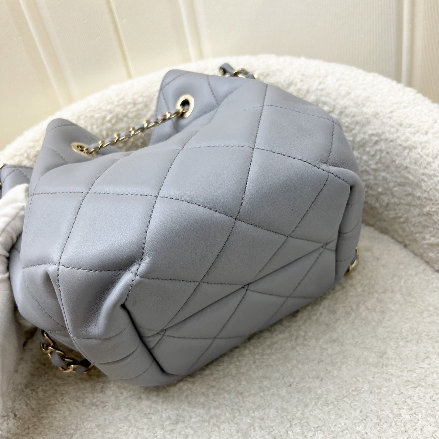 GLM-Drawstring Bucket Bag in Light Grey Lambskin and LHGW (Model: AS1698)