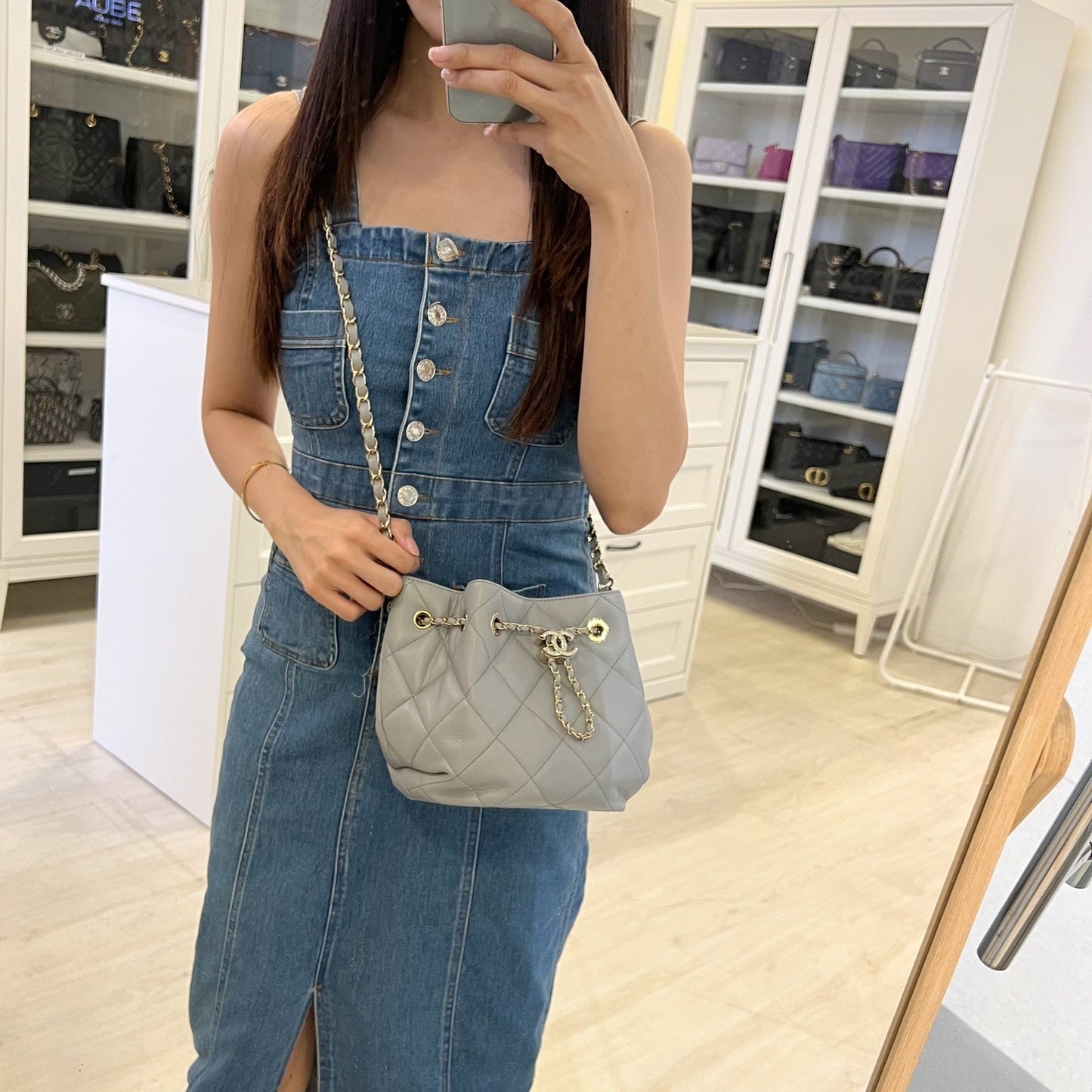 GLM-Drawstring Bucket Bag in Light Grey Lambskin and LHGW (Model: AS1698)