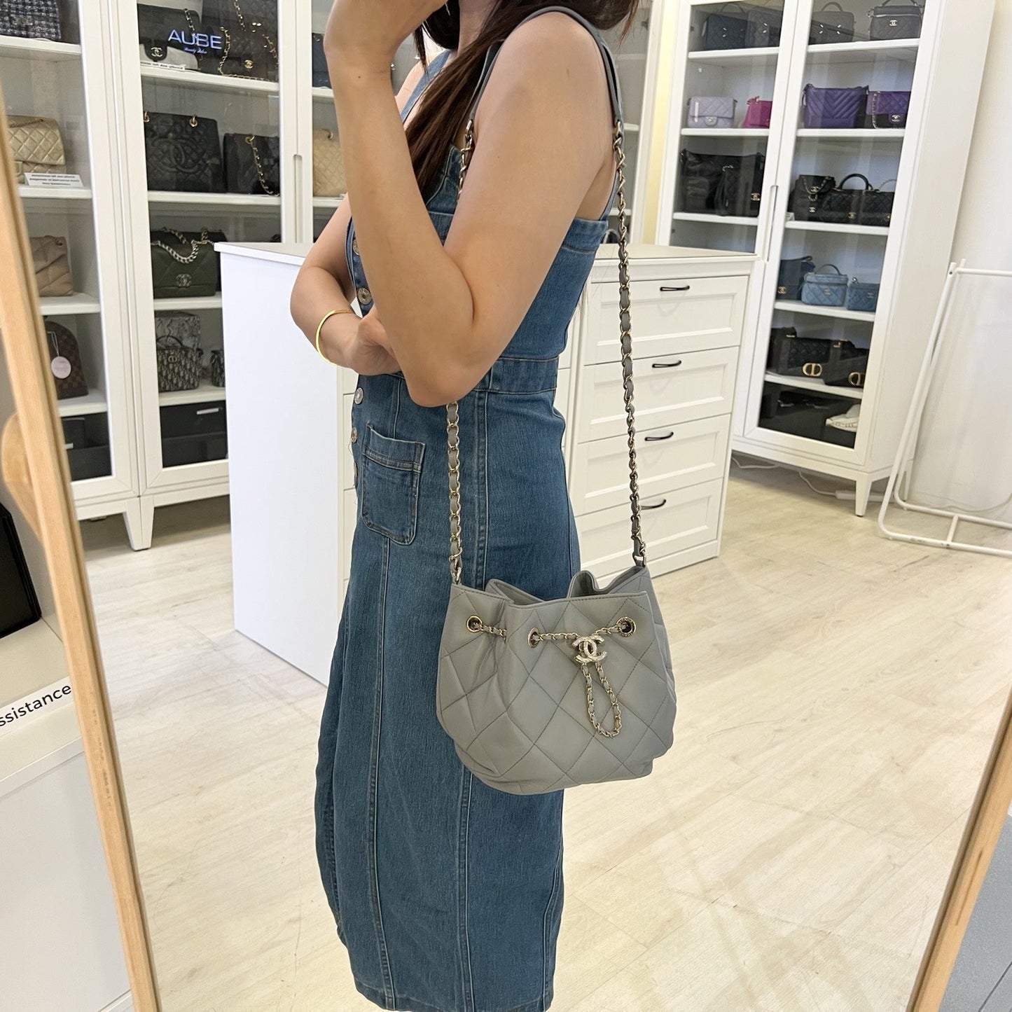 GLM-Drawstring Bucket Bag in Light Grey Lambskin and LHGW (Model: AS1698)