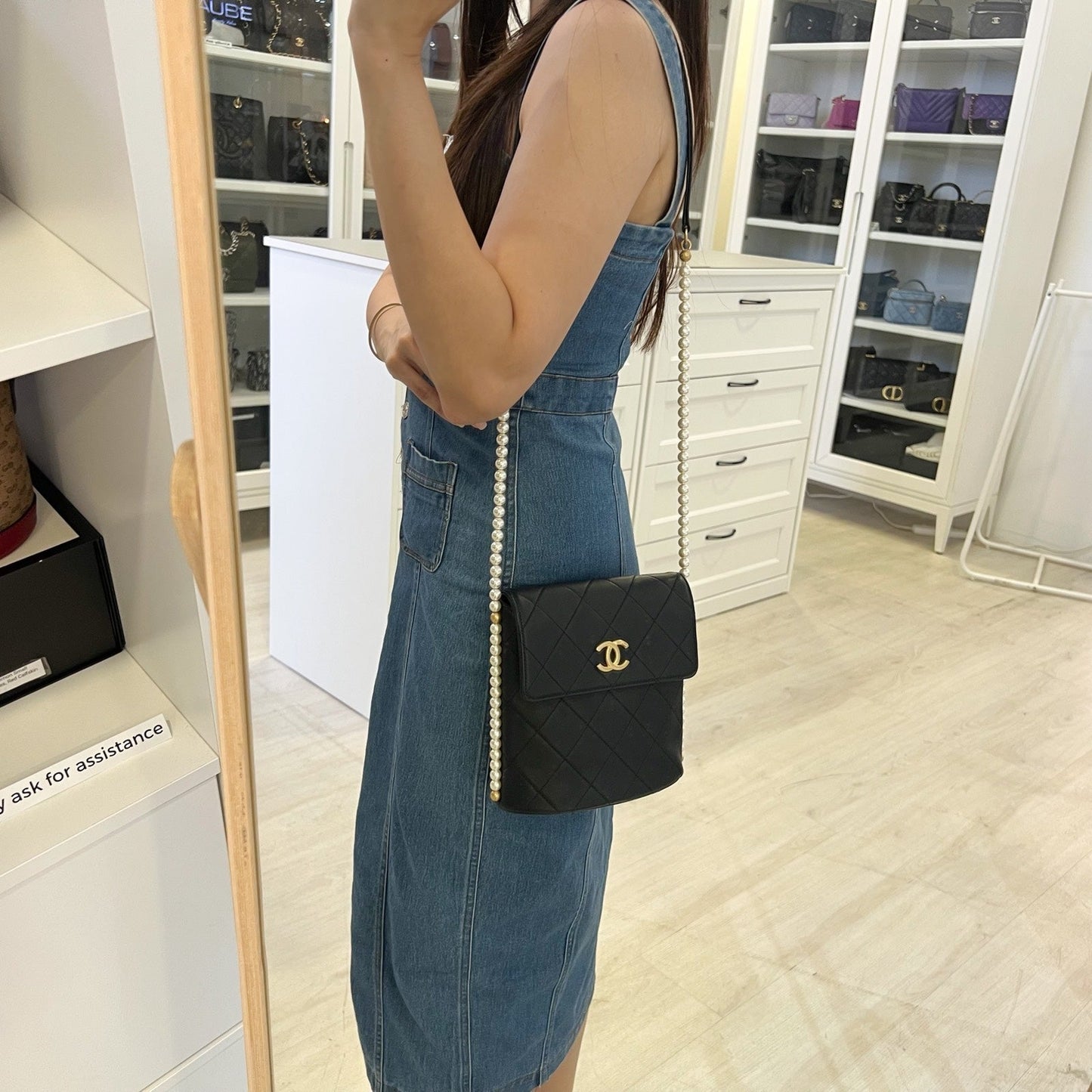 GLM-Pearl Chain North-South Flap Bag in Black Calfskin and AGHW (Model: AS2503)