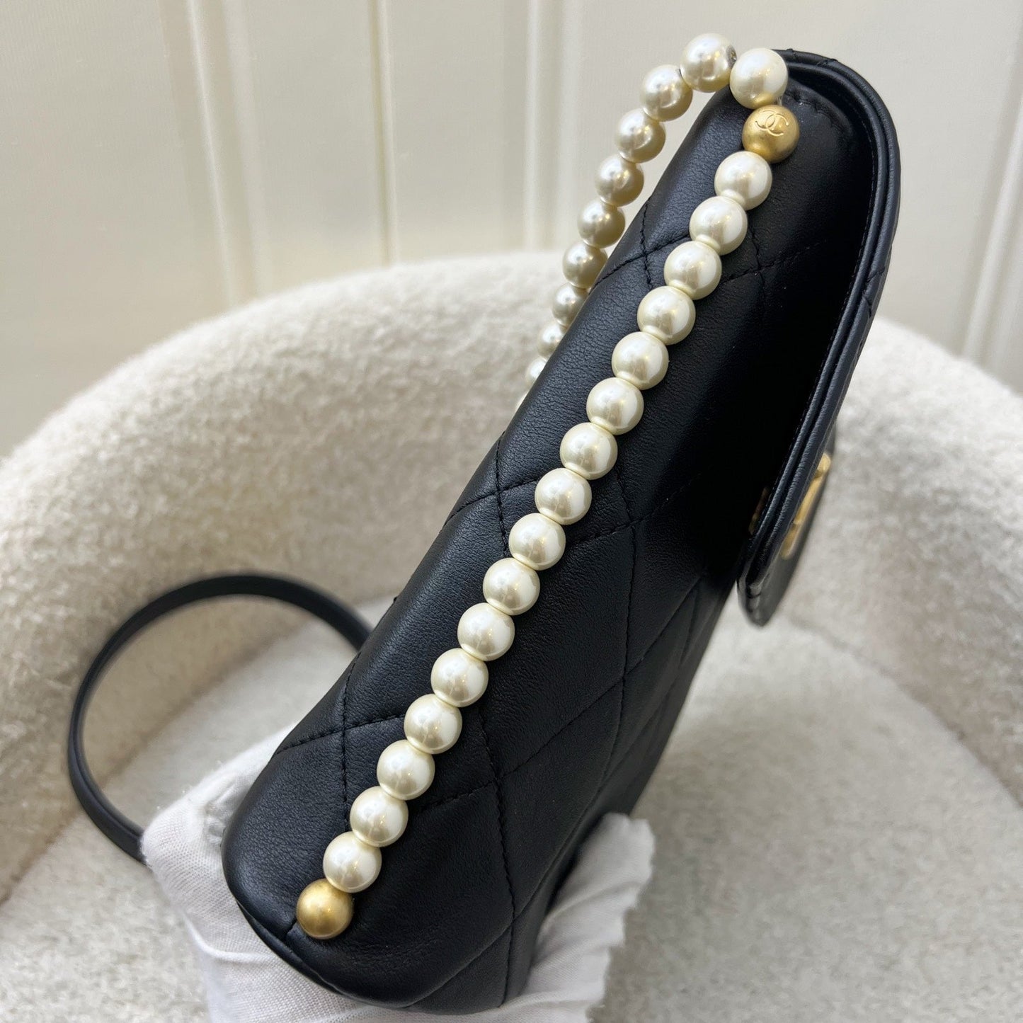 GLM-Pearl Chain North-South Flap Bag in Black Calfskin and AGHW (Model: AS2503)