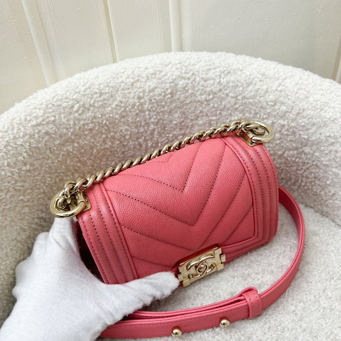 GLM-22S Micro Boy in Chevron Coral Pink Caviar and Shiny GHW (Model: A67364)