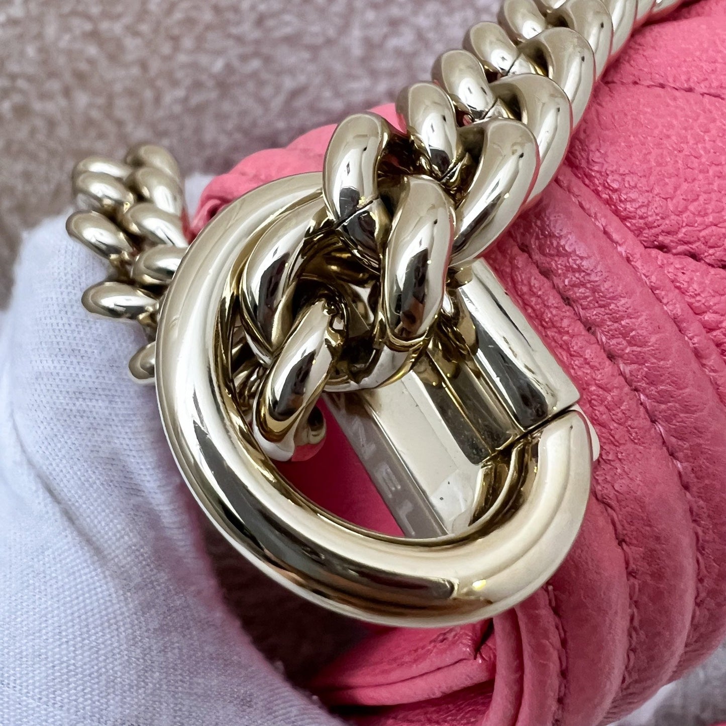 GLM-22S Micro Boy in Chevron Coral Pink Caviar and Shiny GHW (Model: A67364)