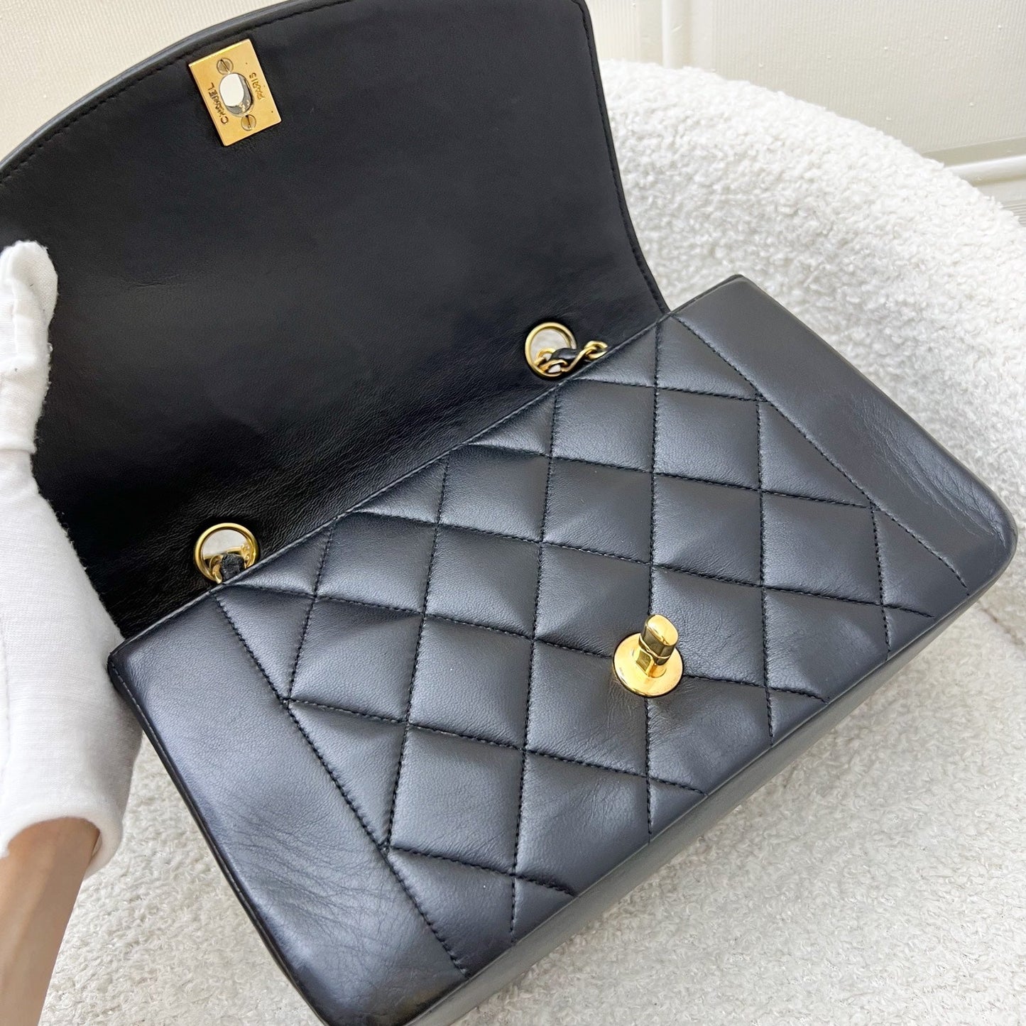 GLM- Small 22cm Diana Flap in Black Lambskin and 24K GHW