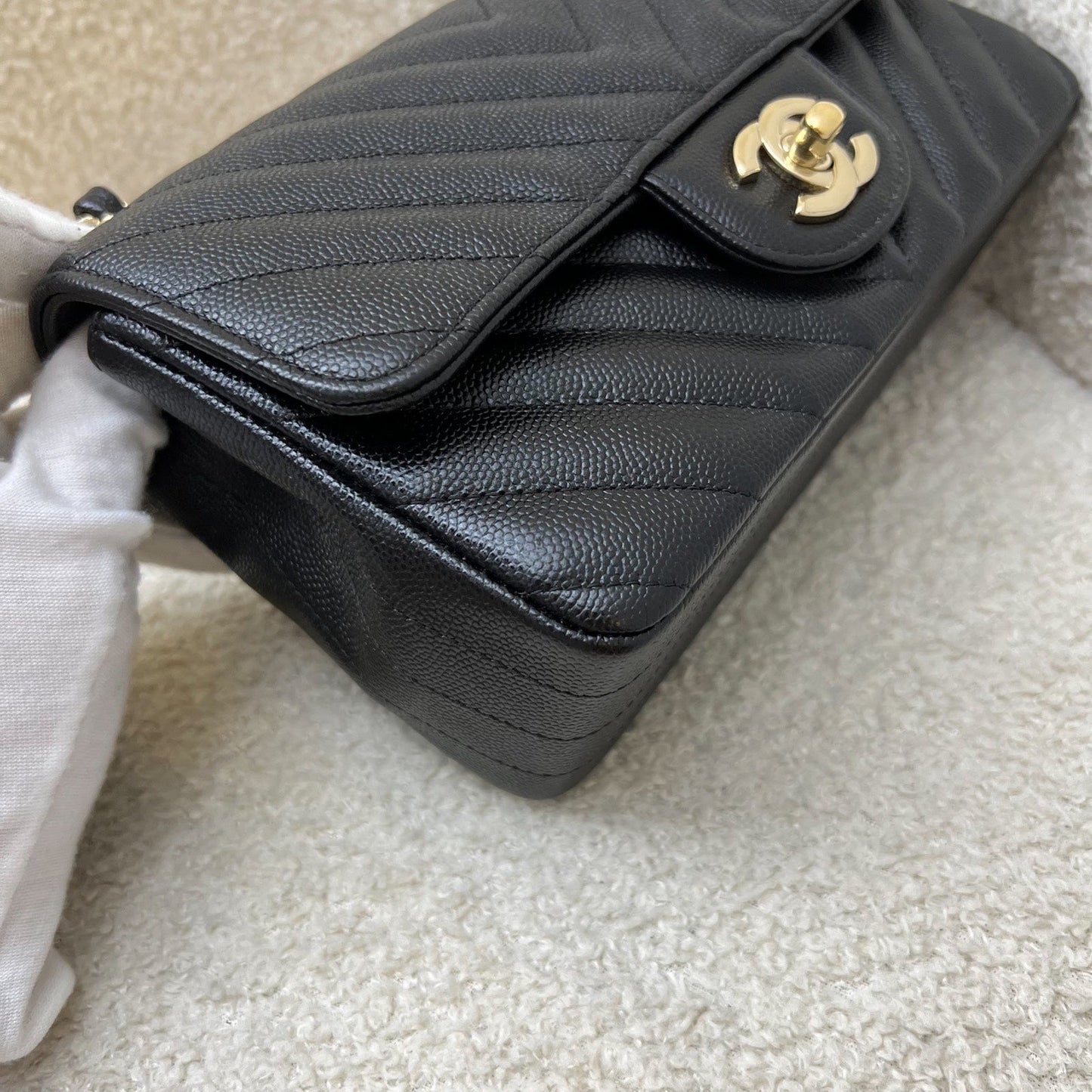 GLM-Classic Mini Rectangle Flap in Chevron Quilted Black Caviar and LGHW