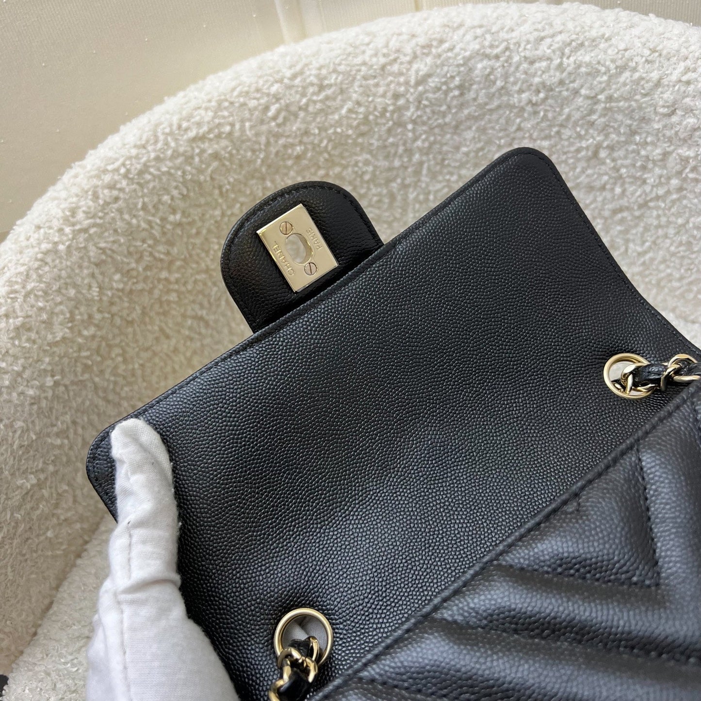 GLM-Classic Mini Rectangle Flap in Chevron Quilted Black Caviar and LGHW