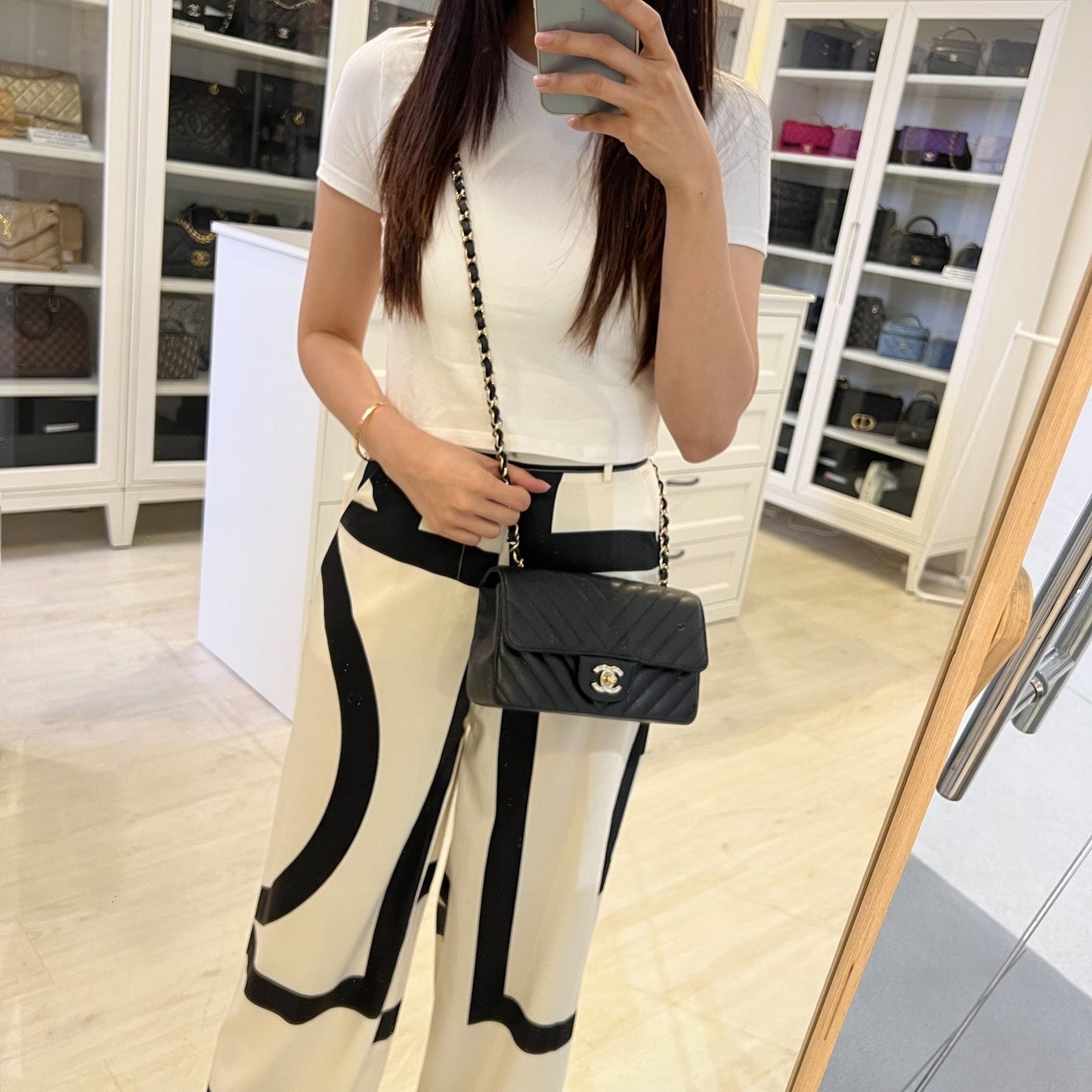 GLM-Classic Mini Rectangle Flap in Chevron Quilted Black Caviar and LGHW
