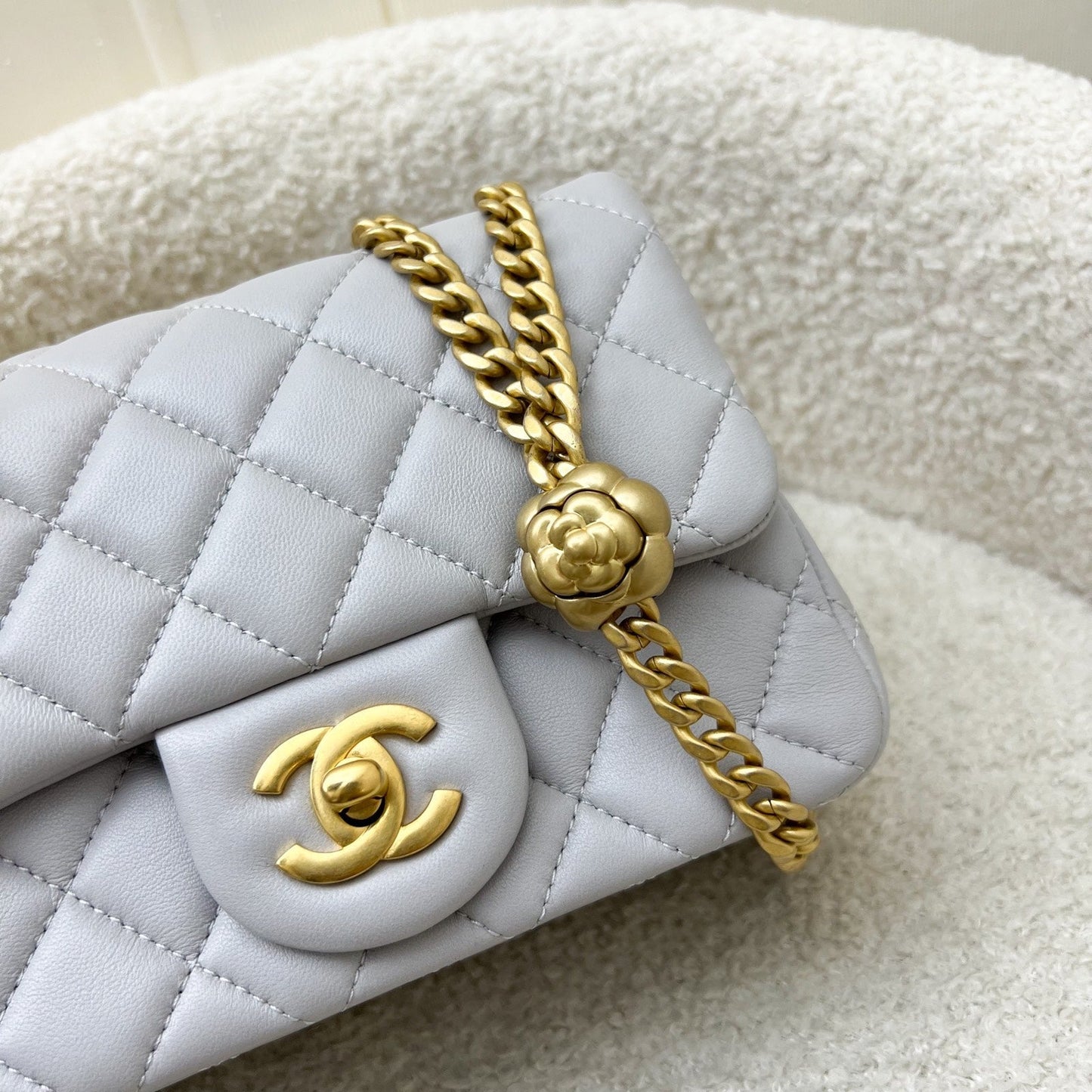 GLM-25P Camellia Crush Adjustable Chain Mini Square Flap in Light Grey Lambskin and AGHW