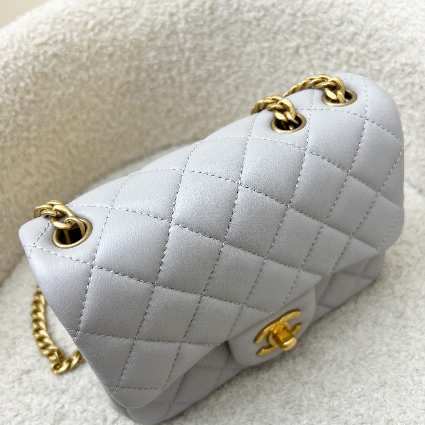 GLM-25P Camellia Crush Adjustable Chain Mini Square Flap in Light Grey Lambskin and AGHW