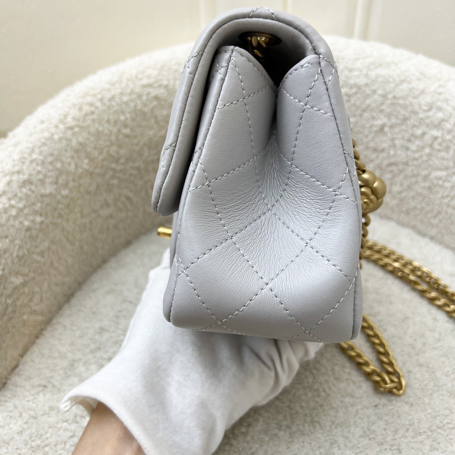 GLM-25P Camellia Crush Adjustable Chain Mini Square Flap in Light Grey Lambskin and AGHW