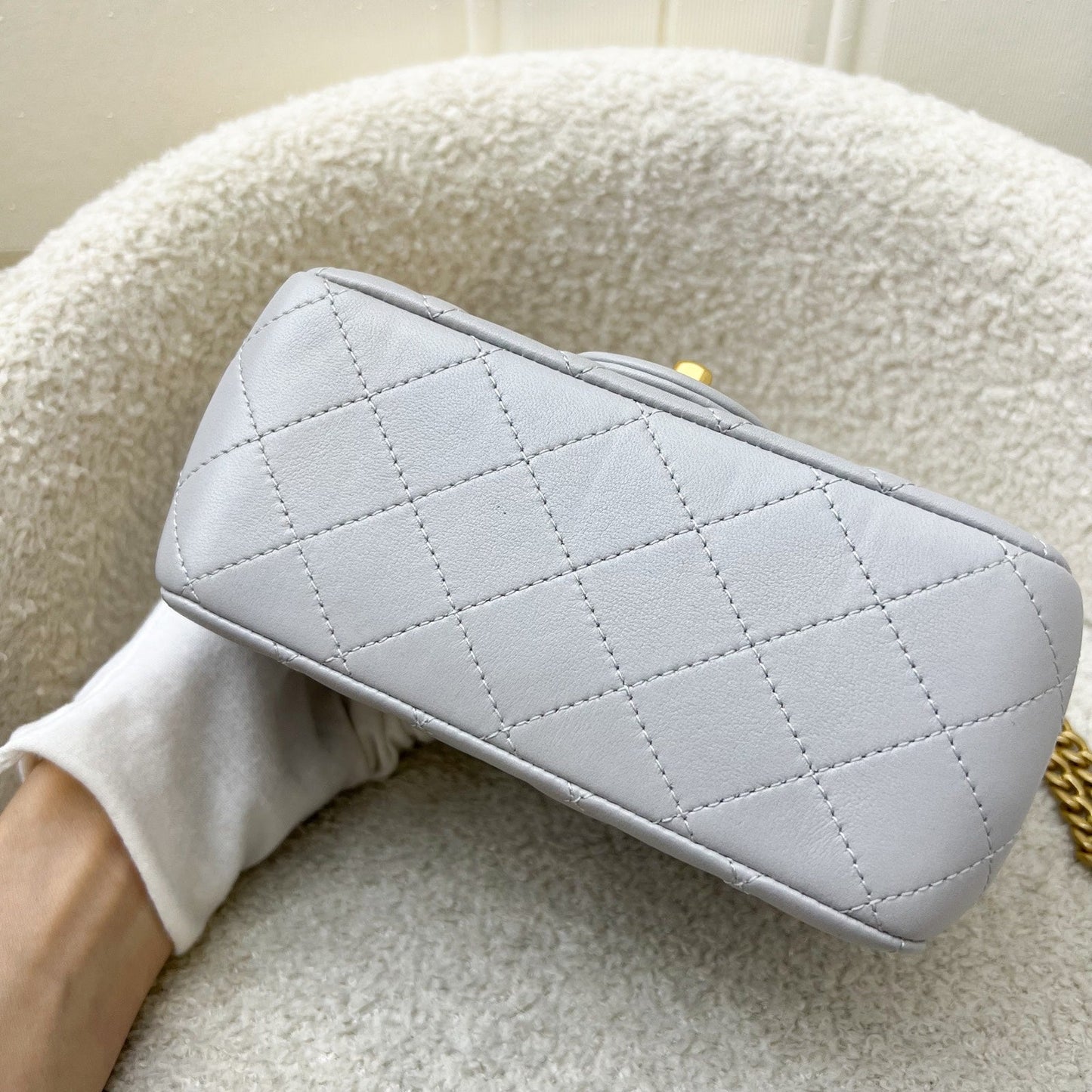 GLM-25P Camellia Crush Adjustable Chain Mini Square Flap in Light Grey Lambskin and AGHW