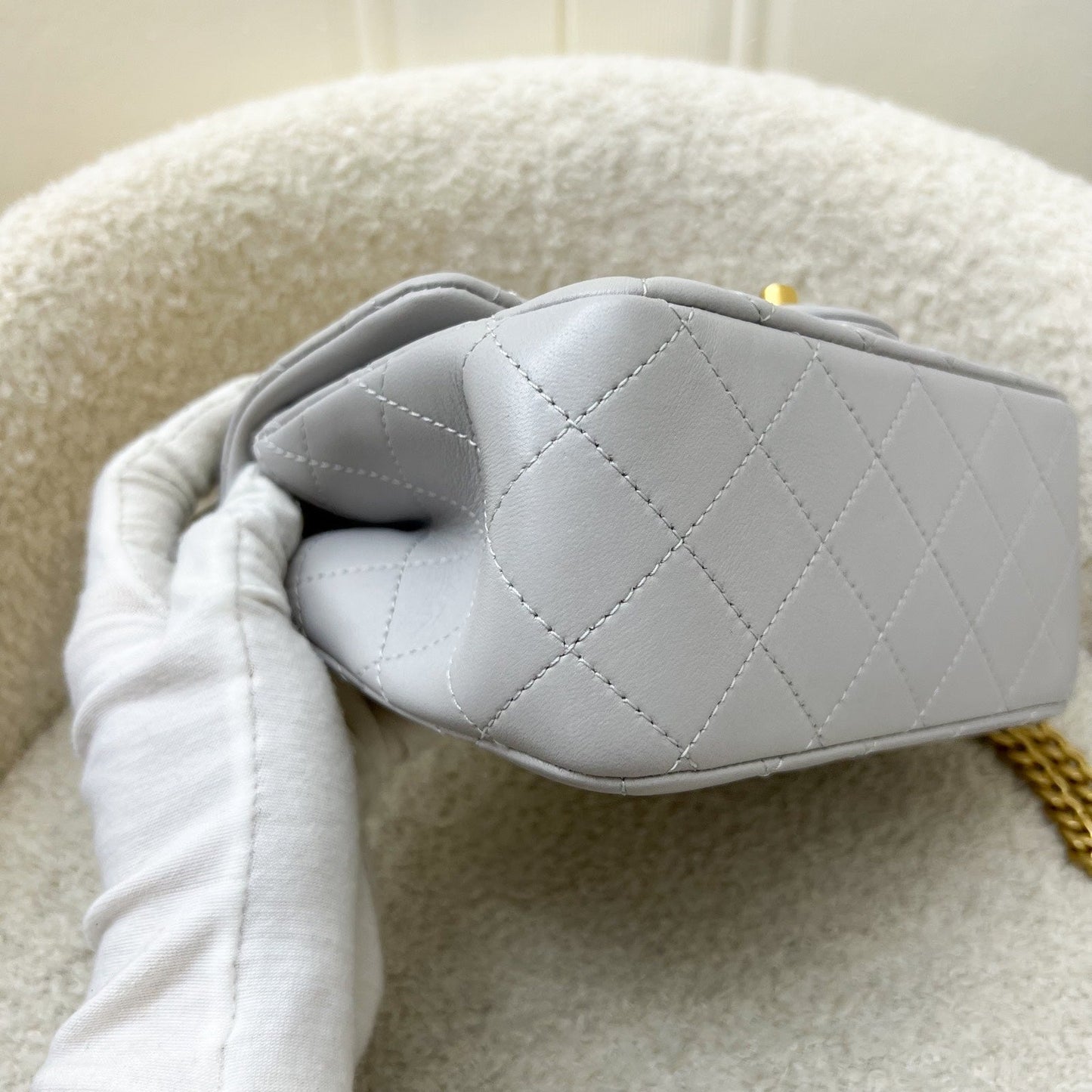 GLM-25P Camellia Crush Adjustable Chain Mini Square Flap in Light Grey Lambskin and AGHW