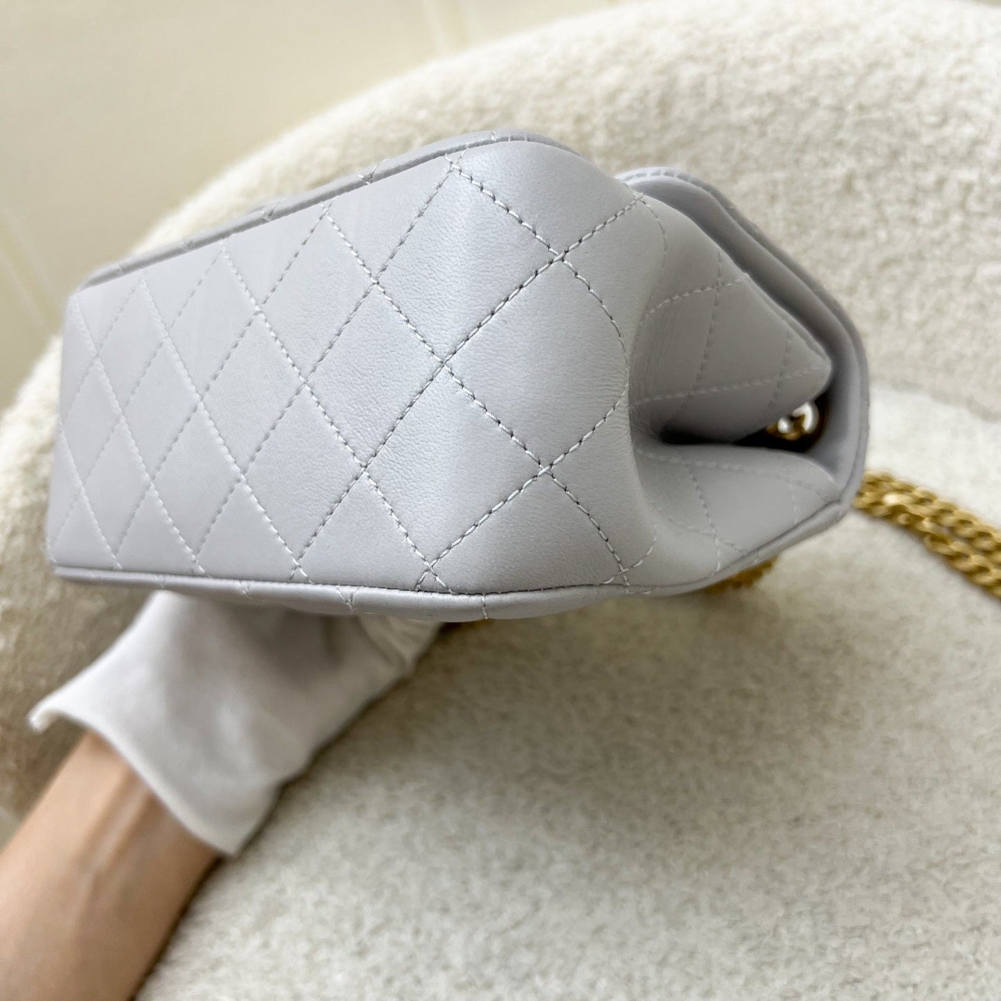 GLM-25P Camellia Crush Adjustable Chain Mini Square Flap in Light Grey Lambskin and AGHW