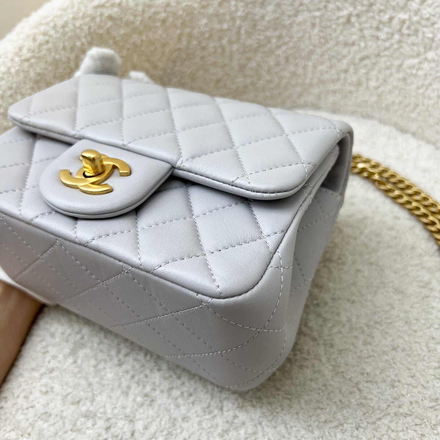 GLM-25P Camellia Crush Adjustable Chain Mini Square Flap in Light Grey Lambskin and AGHW