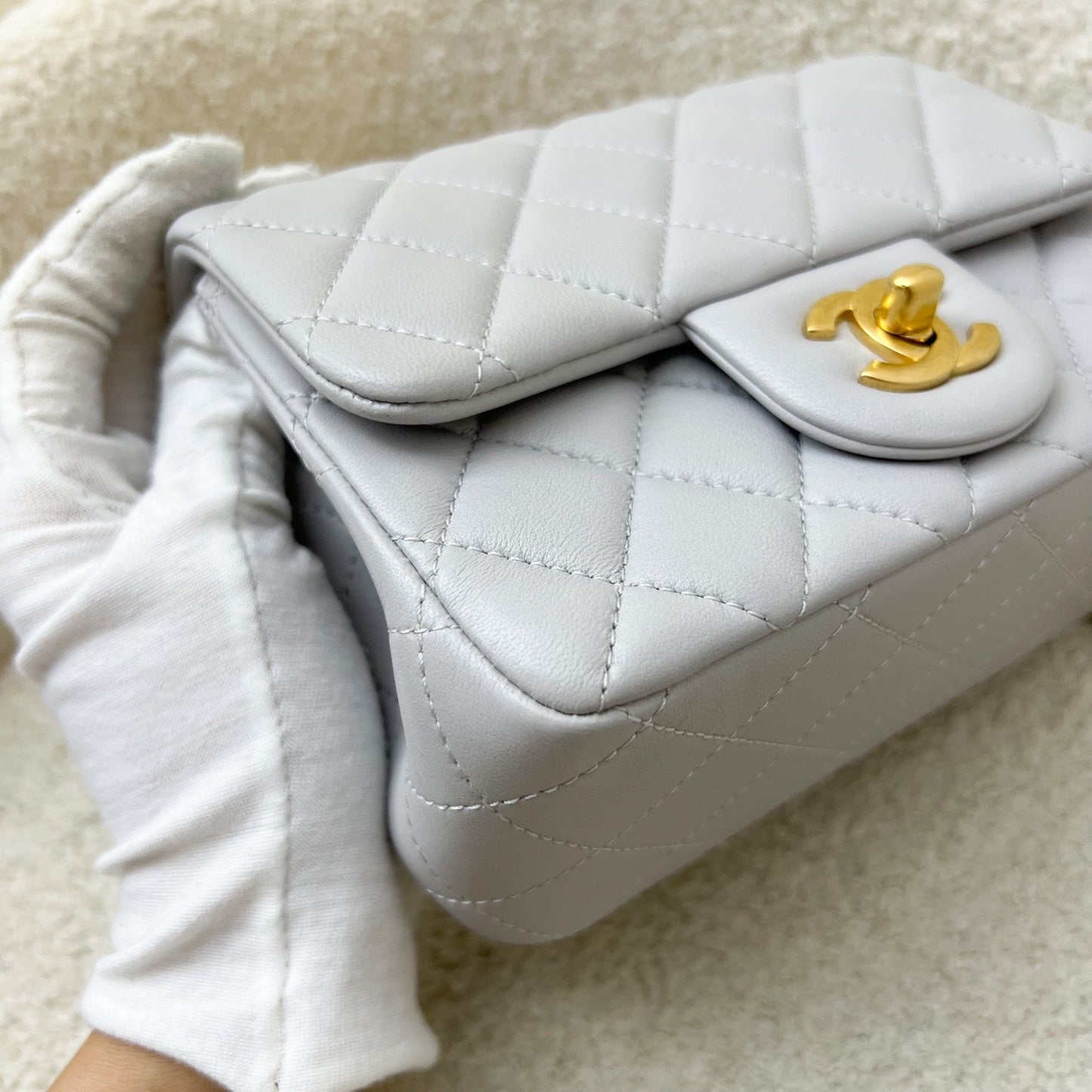 GLM-25P Camellia Crush Adjustable Chain Mini Square Flap in Light Grey Lambskin and AGHW