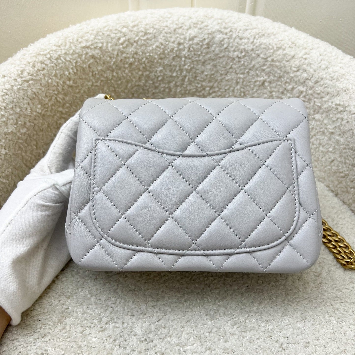 GLM-25P Camellia Crush Adjustable Chain Mini Square Flap in Light Grey Lambskin and AGHW