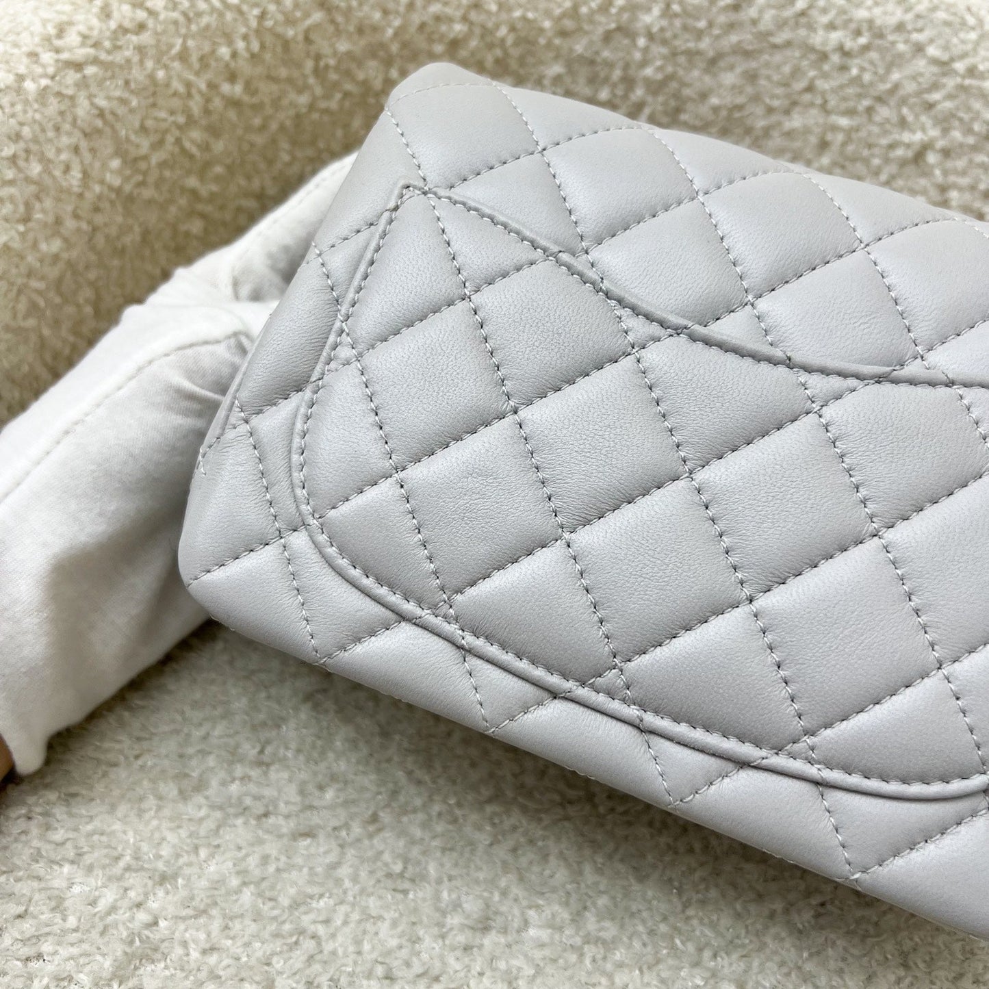 GLM-25P Camellia Crush Adjustable Chain Mini Square Flap in Light Grey Lambskin and AGHW