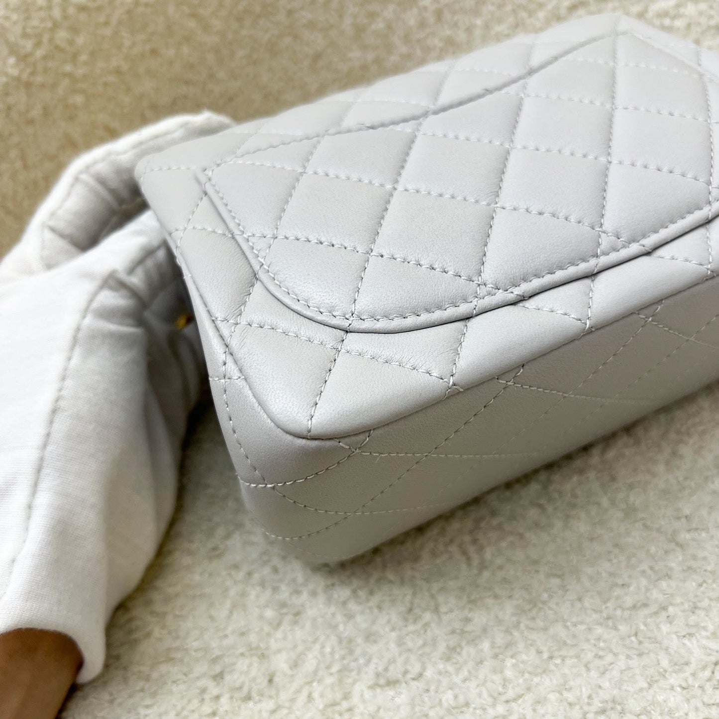 GLM-25P Camellia Crush Adjustable Chain Mini Square Flap in Light Grey Lambskin and AGHW