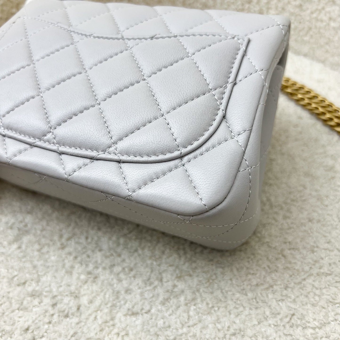 GLM-25P Camellia Crush Adjustable Chain Mini Square Flap in Light Grey Lambskin and AGHW
