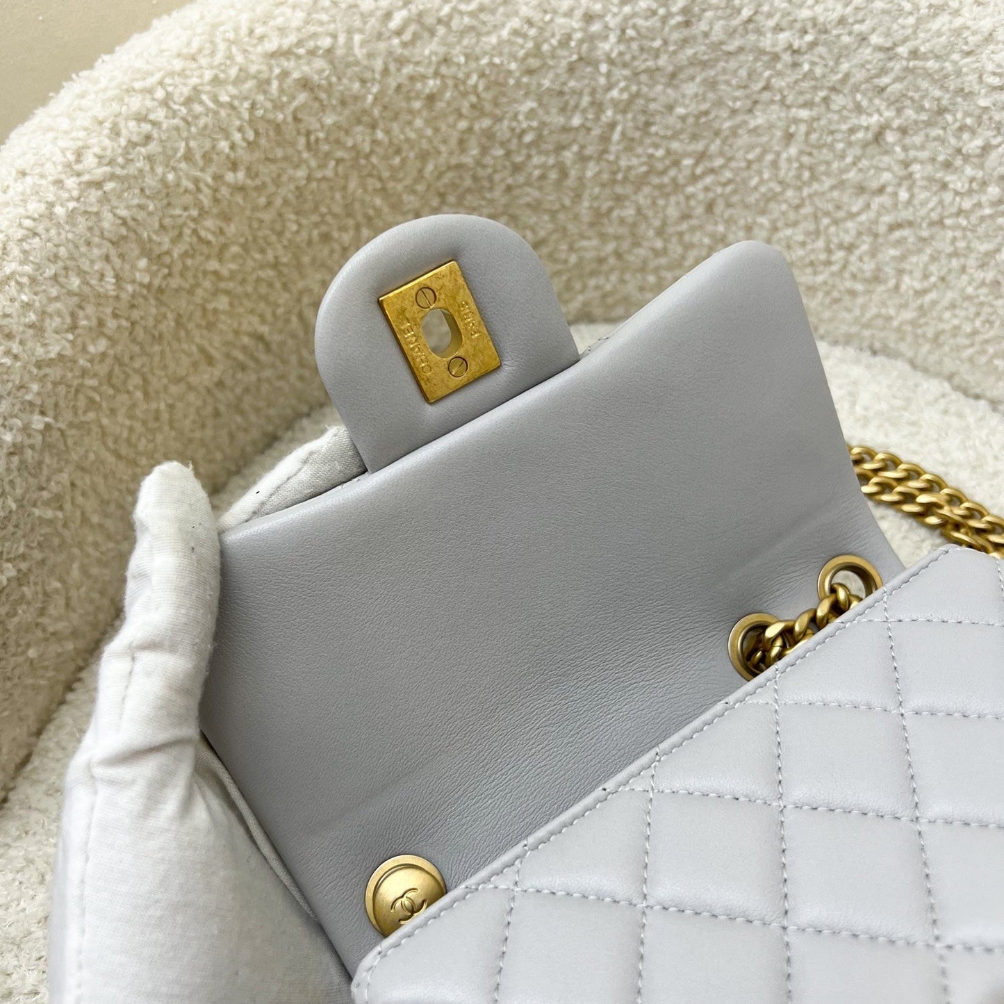 GLM-25P Camellia Crush Adjustable Chain Mini Square Flap in Light Grey Lambskin and AGHW