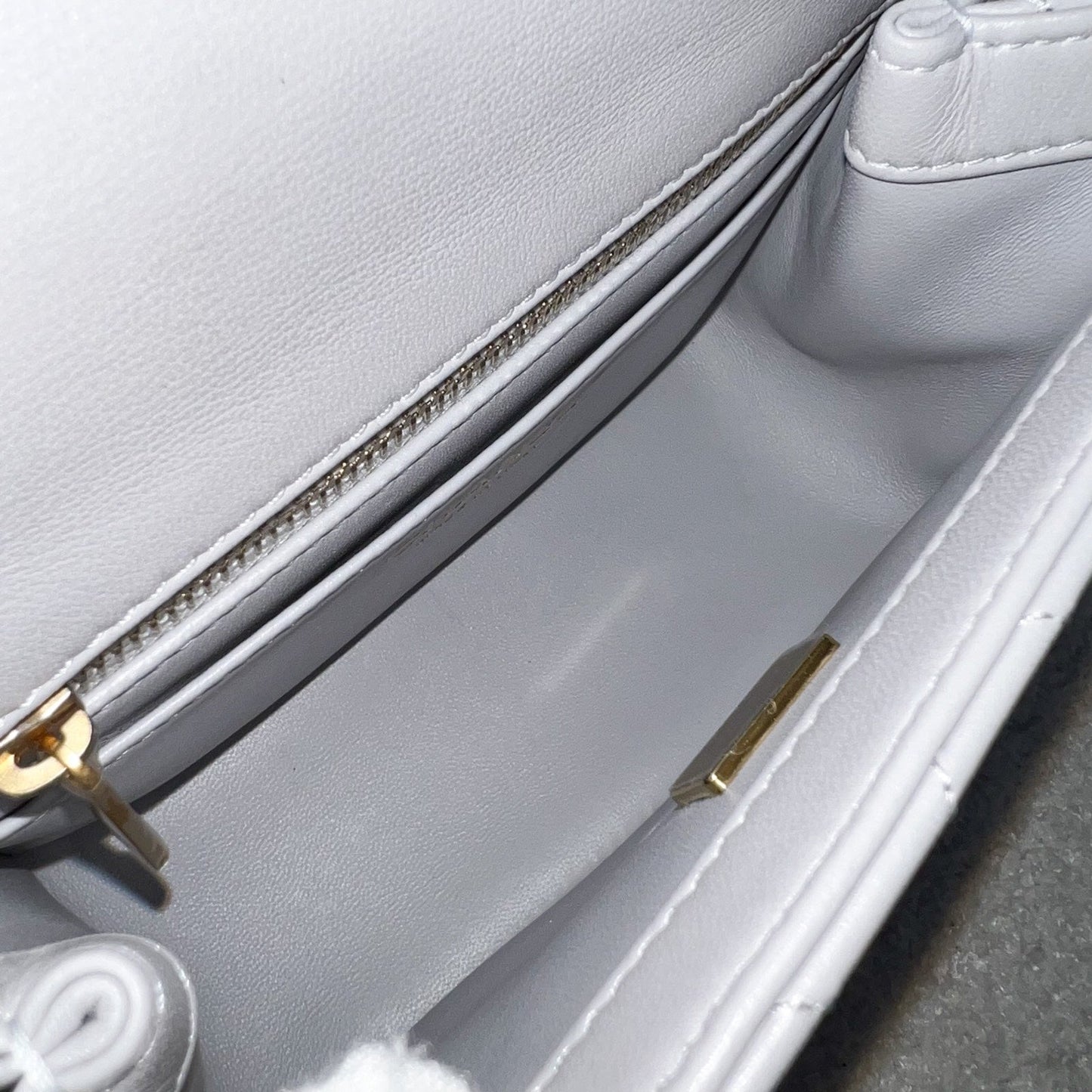 GLM-25P Camellia Crush Adjustable Chain Mini Square Flap in Light Grey Lambskin and AGHW