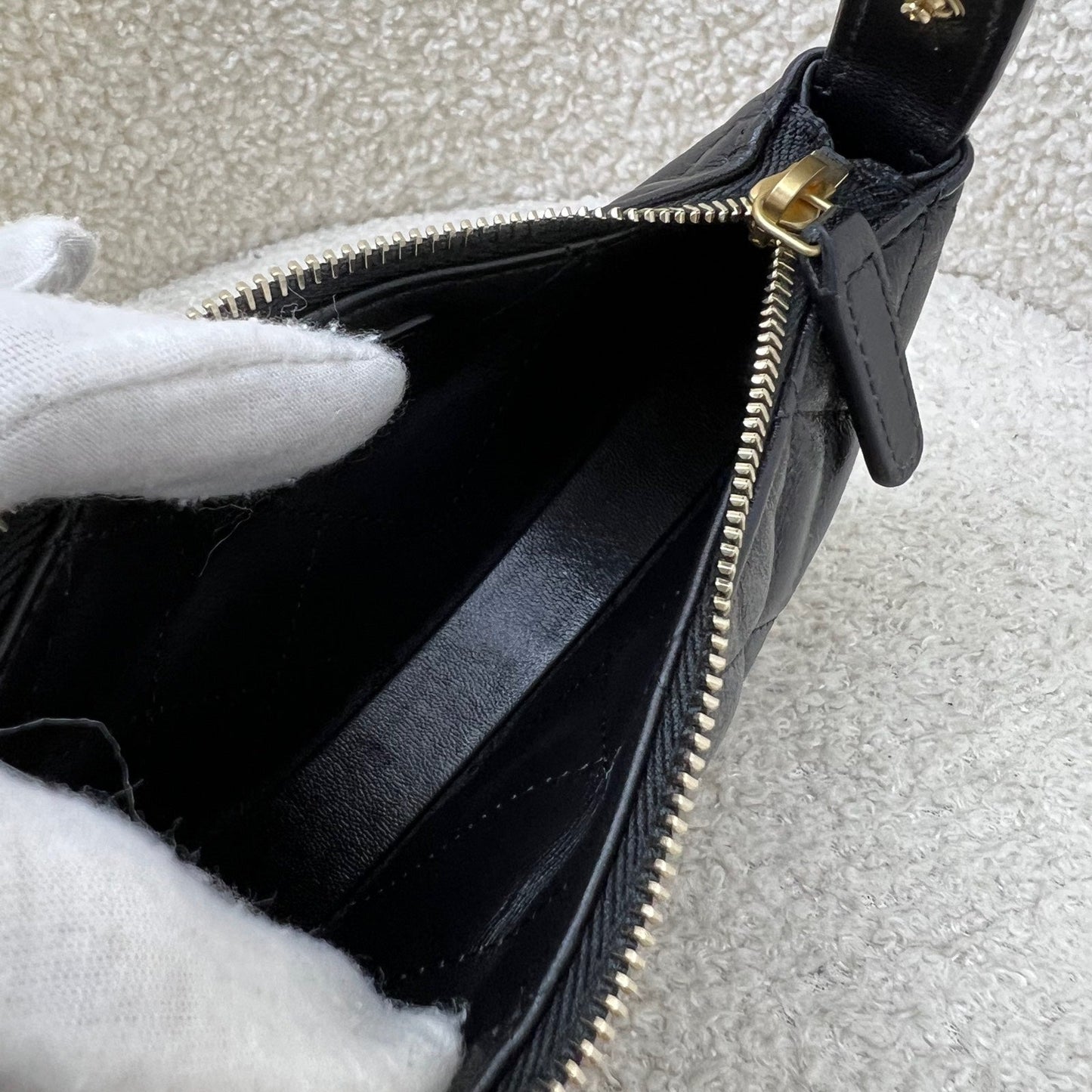 GLM-25A Fortune Cookie Mini Pouch / Bag Charm in Black Shiny Crumpled Lambskin and AGHW